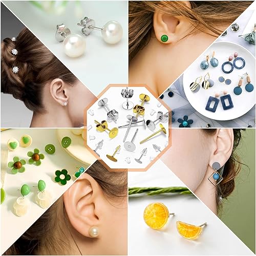 Miniatura 3 de Caffox - Juego de 2000 aretes hipoalergénicos con base de anillo y parte trasera para aretes de cuero, arcilla, perlas (oro y plata)