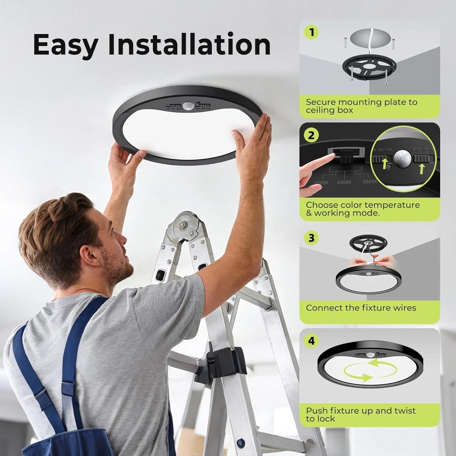 hepside Motion Sensor Ceiling Light Wired, 3000K/4000K/6500K LED Flush Mount Ceiling Light Fixture, 12Inch 24W Motion Sensor Light with Timer for Closet Stair Porch Hallway Pantry,Black