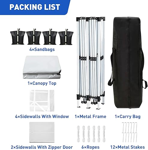 Vista 7 de Tienda de campaña desplegable de 10 x 20 pies con paredes laterales, tienda de campaña resistente al aire libre con 4 bolsas de arena y bolsa