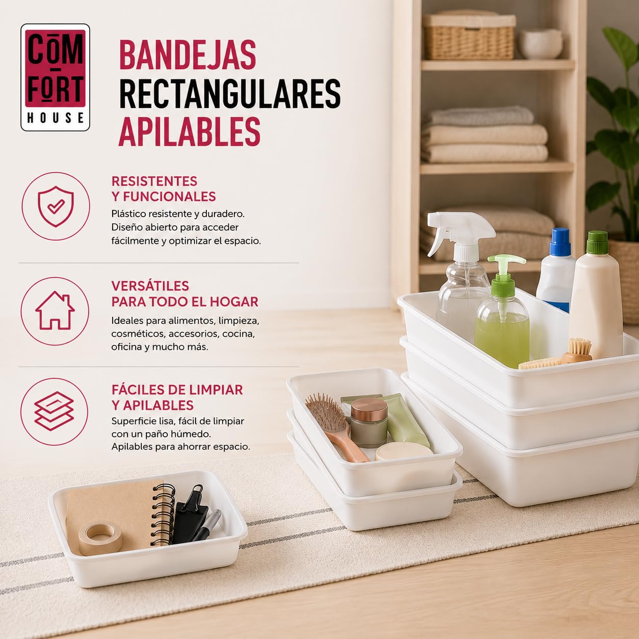 COM-FORT HOUSE Vassoi di plastica o bacinella di plastica rettangolare portaoggetti, bianco, misura 4, 3 pezzi