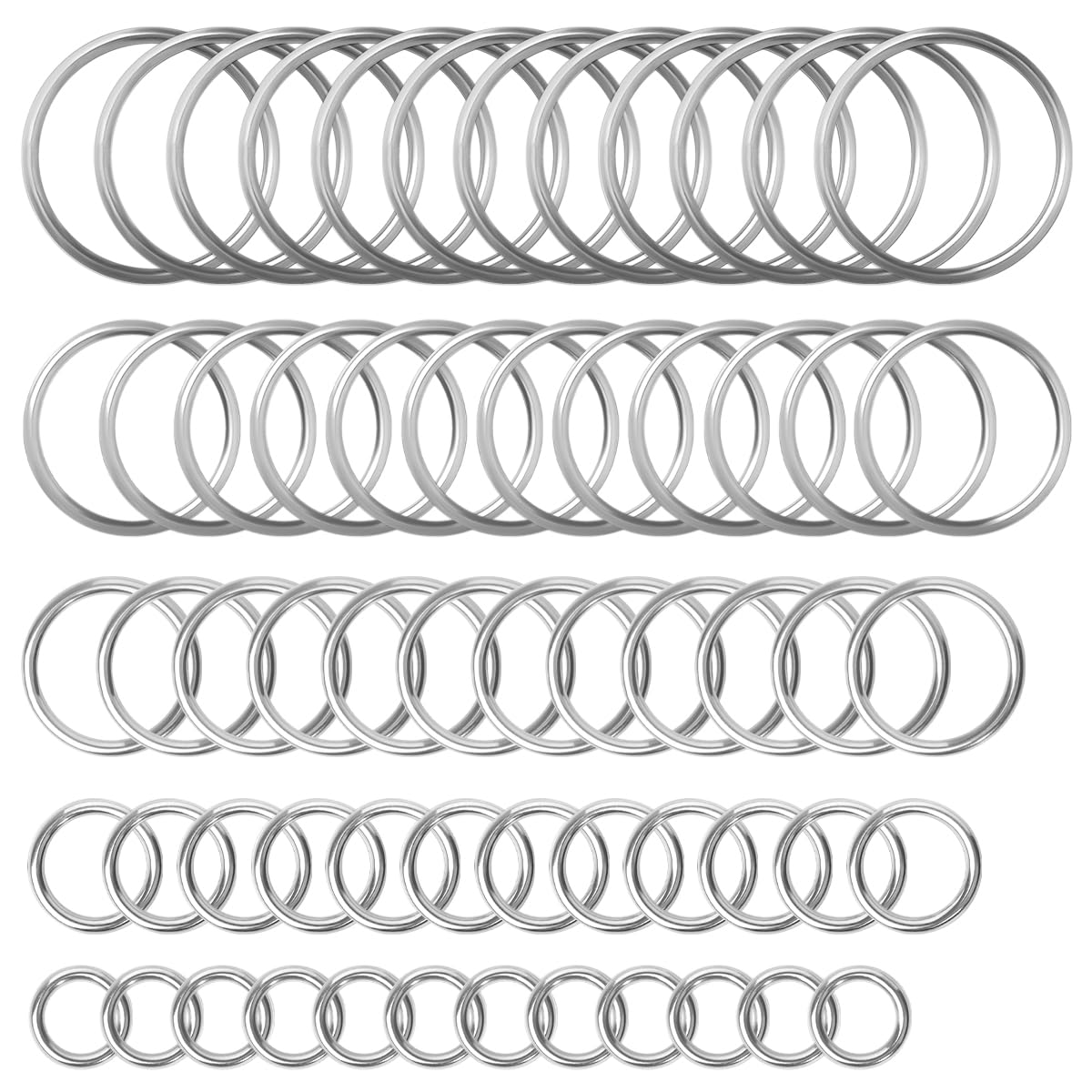 Ymeibe 60Pcs 5 Sizes Silver Metal O Rings Multi-Purpose 304 Stainless Steel Ring for Hardware Bags Belts Dog Leashes DIY Macrame Craft Supplies