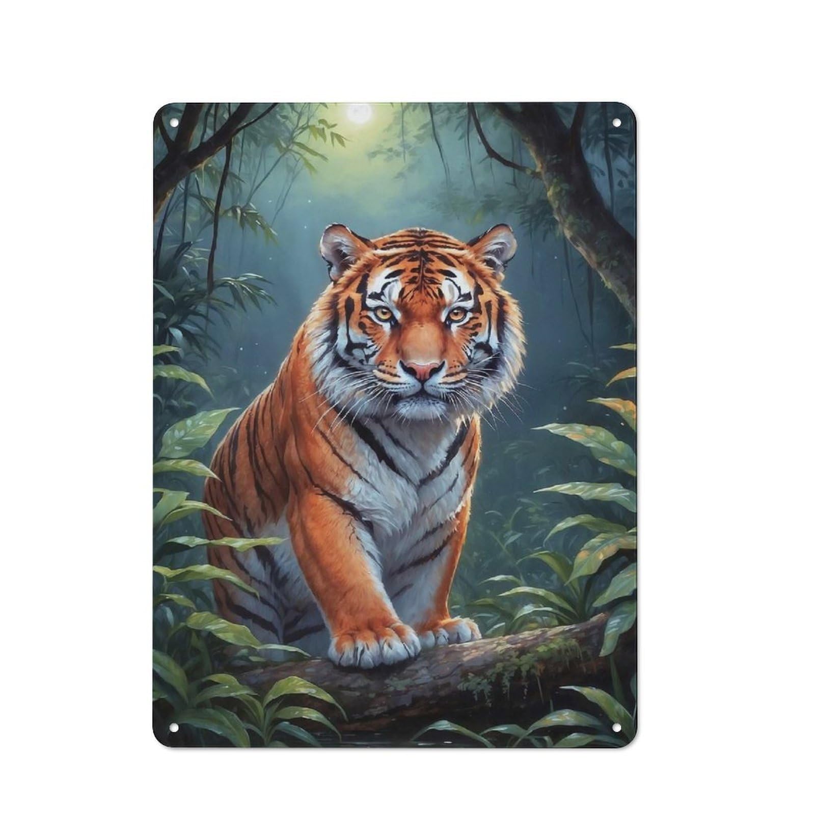 Junmoney Tiger In Moonlight Jungle Tin Wall Plaque 40X30cm With For Bar Or Restaurant, Housewarming Wall Decor For People Furnishing Bar And Restaurant