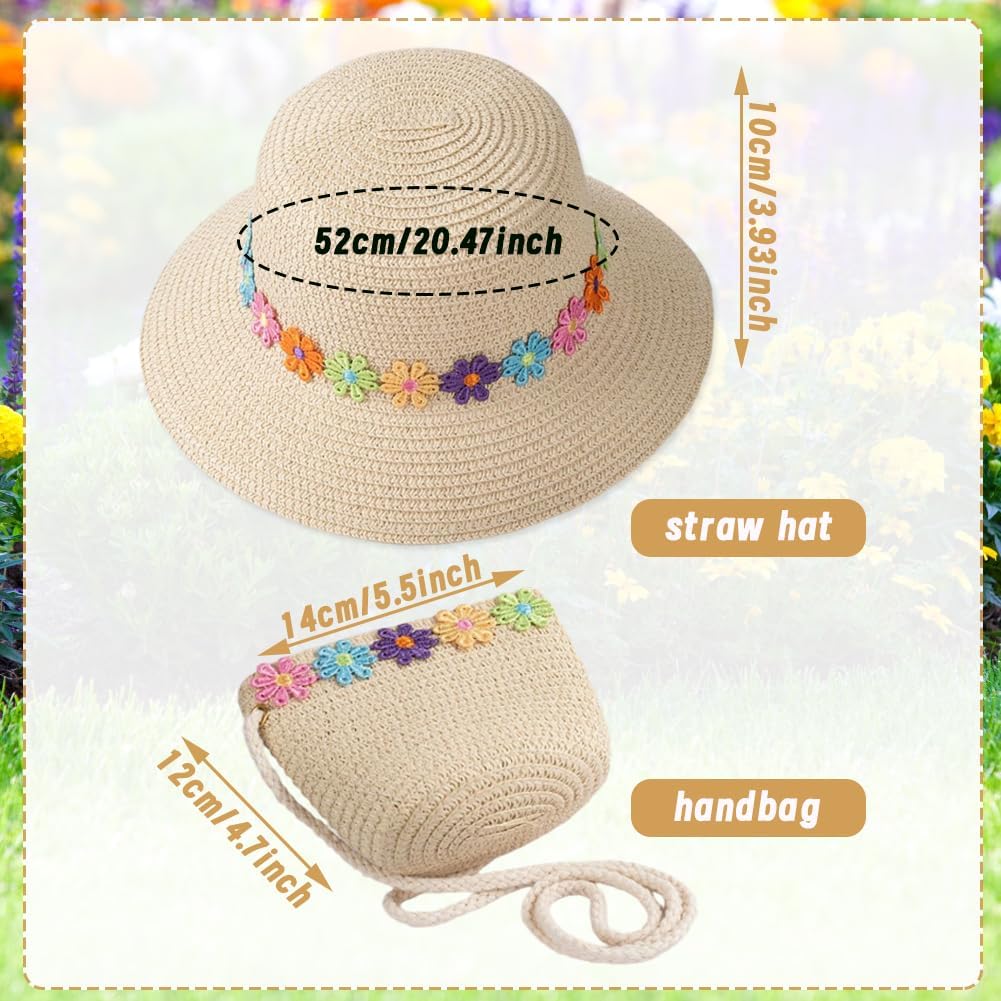 Chapeau de Soleil pour Filles Mini Sac de Paille, Petit Sac avec décoration de Fleurs Chapeaux de Paille de Plage d'été Chapeau de Soleil pour activités de Plein Air