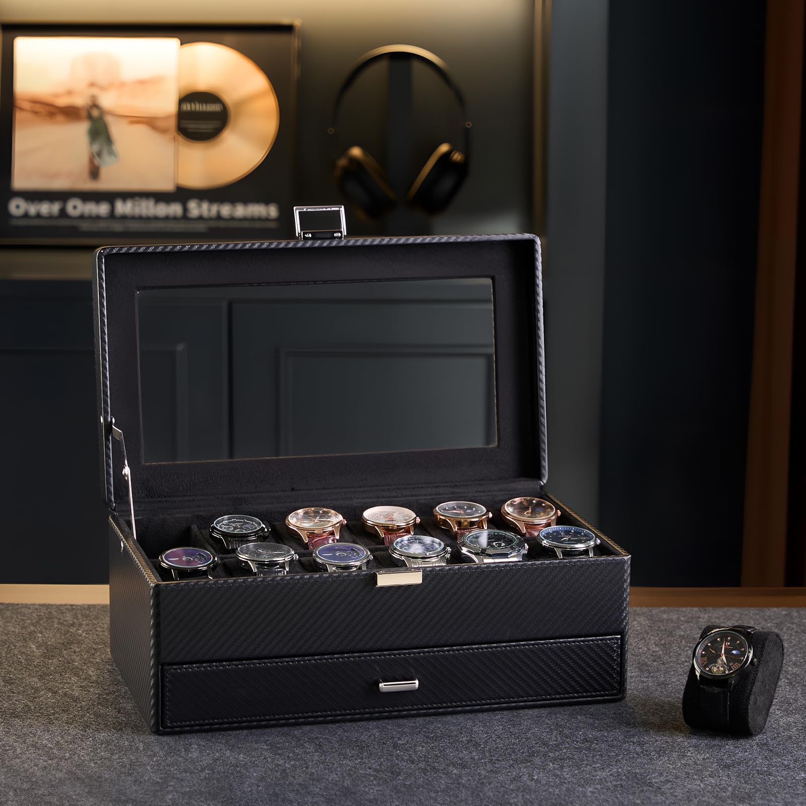 ProCase Scatola Orologio e Porta Orologi Uomo in Pelle PU Premium 12 Slot con Cassetto - Organizzatore per Anelli e Occhiali da Vista, Vetrina con Coperchio in Vetro, Tutto Nero