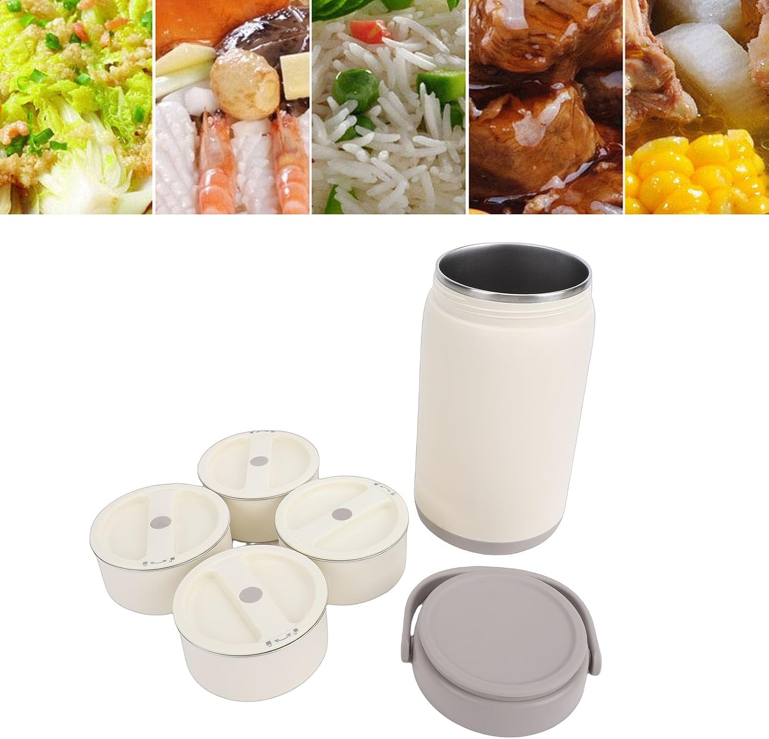 Insulated Food Jar, 304 Stainless Steel Portable Vacuum Hot Food Lunch Box for Adults Students Kids, Leakproof Bento Box Container for Camping Hotel, Wide Opening (Grey 4 Compartment)