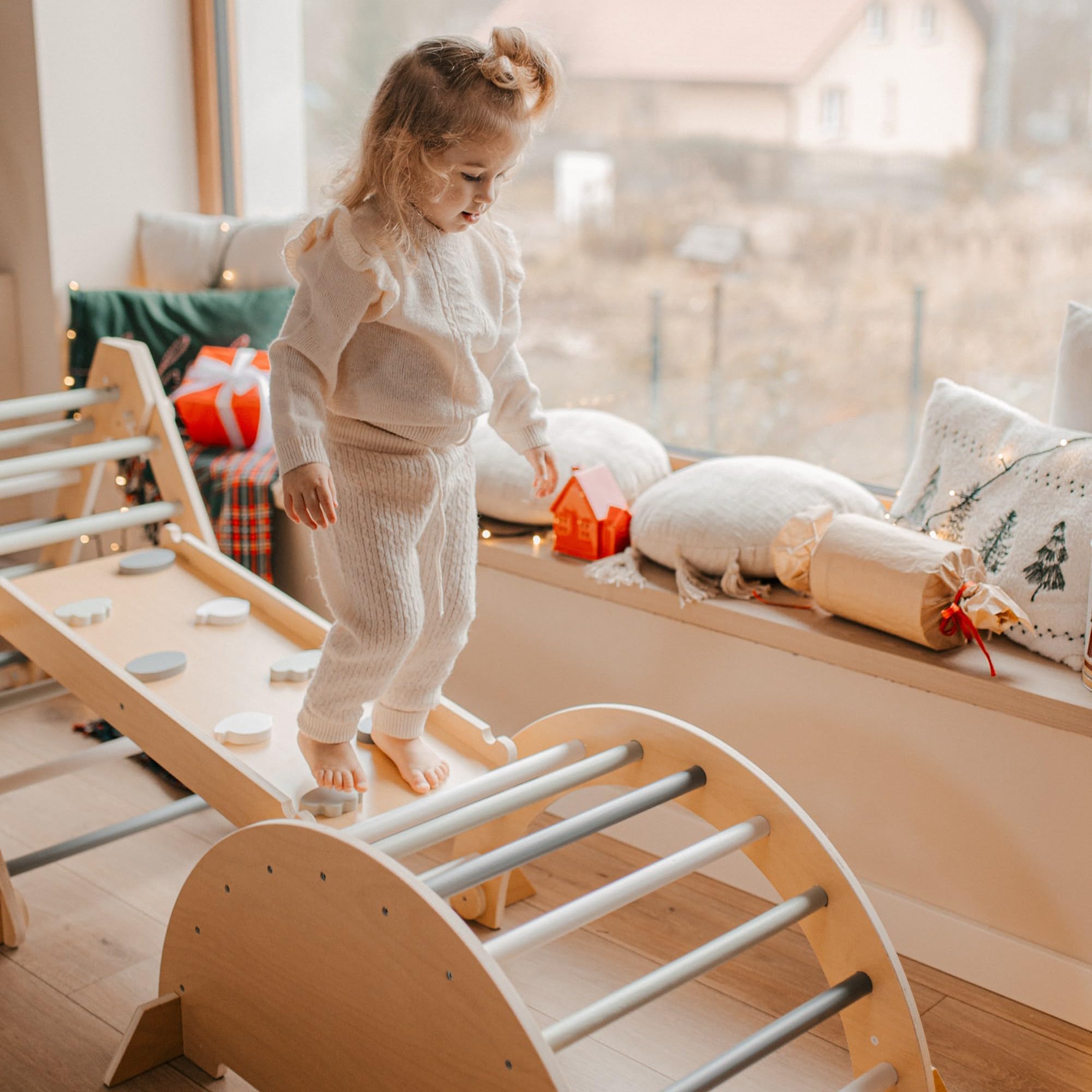 Mamabrum Drewniany Plac Zabaw Dla Dzieci – Trójkąt Piklera, Łuk Wspinaczkowy, Zjeżdżalnia Dwustronna – Montessori Zestaw Sportowy Do Domu, Składany, Bezpieczny