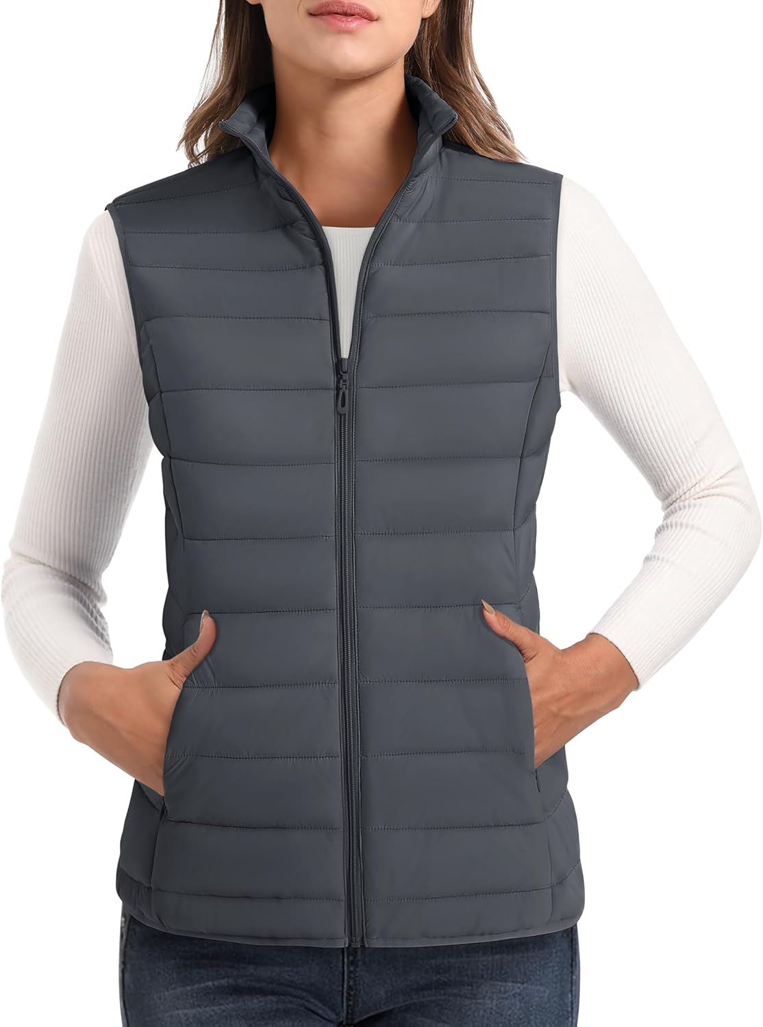 MAGCOMSEN Women's Puffer Vest Lightweight Stand Collar Zip 4 Pockets Puffy Vests Sleeveless Quilted Padded Outerwear