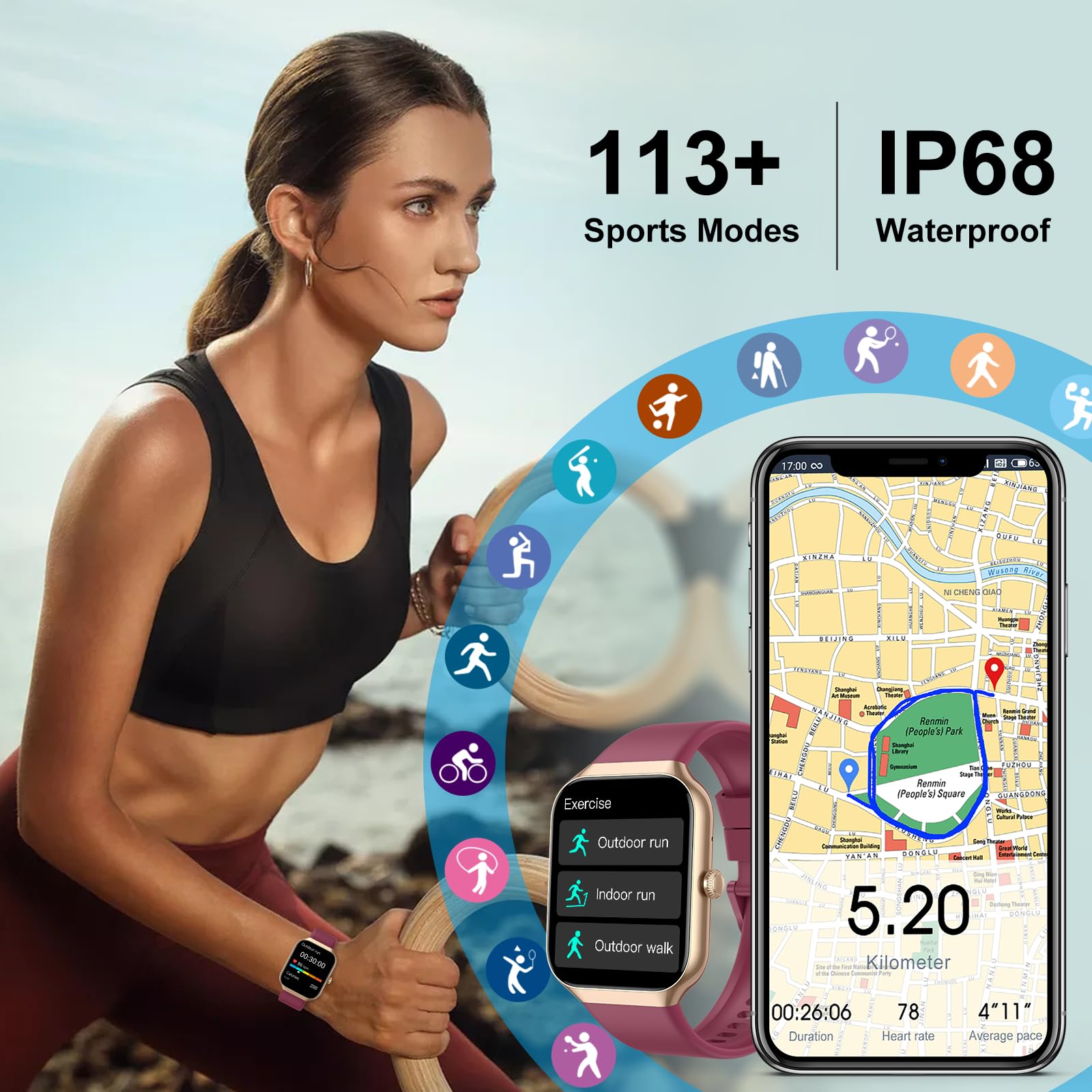Smartwatch Uomo Donna, 1.96" Orologio Smartwatch con Effettua/Risposta Chiamate, 113+Sportive Smart Watch con Contapassi/Cardiofrequenzimetro/Sonno, Impermeabile IP68 Fitness Tracker per Android iOS