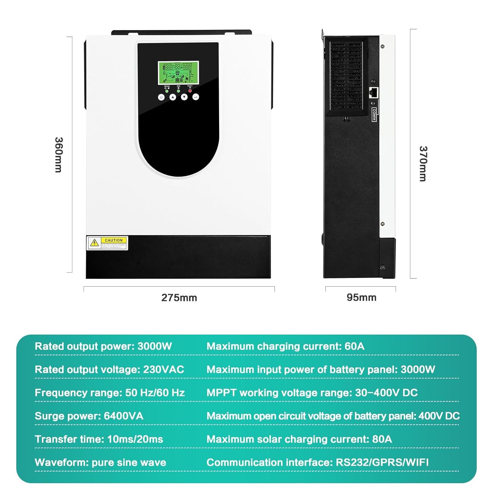 Inversor híbrido de 3000 W, inversor solar de onda sinusoidal pura con batería de 24 V y controlador solar MPPT de 80 A para sistema de almacenamiento de energía doméstico fuera de la red