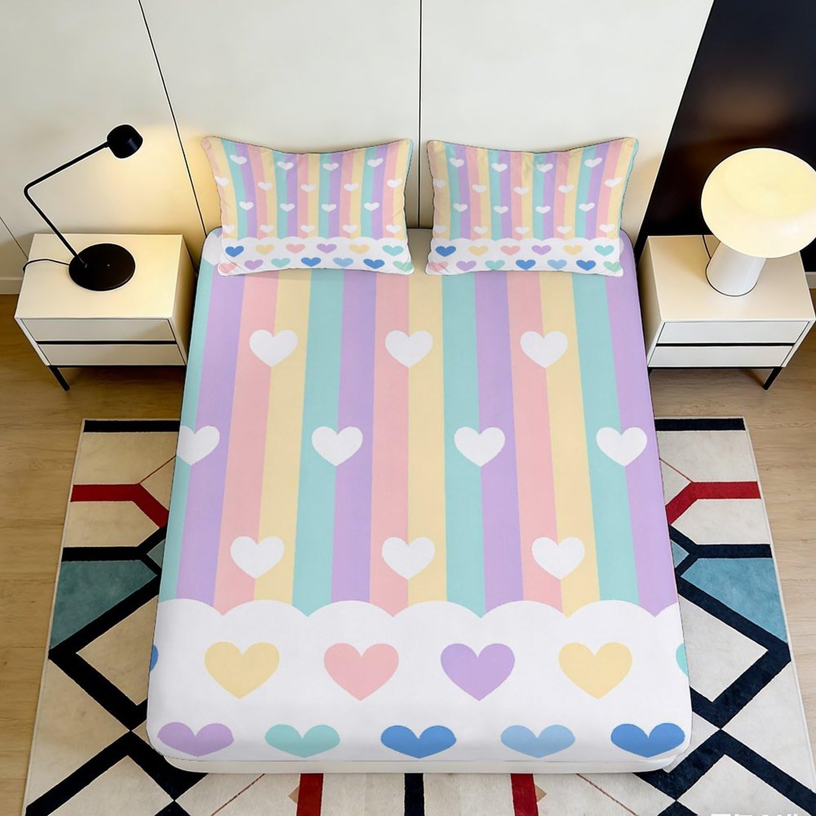 3D Printed Pastel Heart Stripes Fitted Sheet Microfiber Soft Breathable Colorful Hearts Bed Cover for Bedroom Dormitory Guest Room Mattress Protection 180x200x25cm