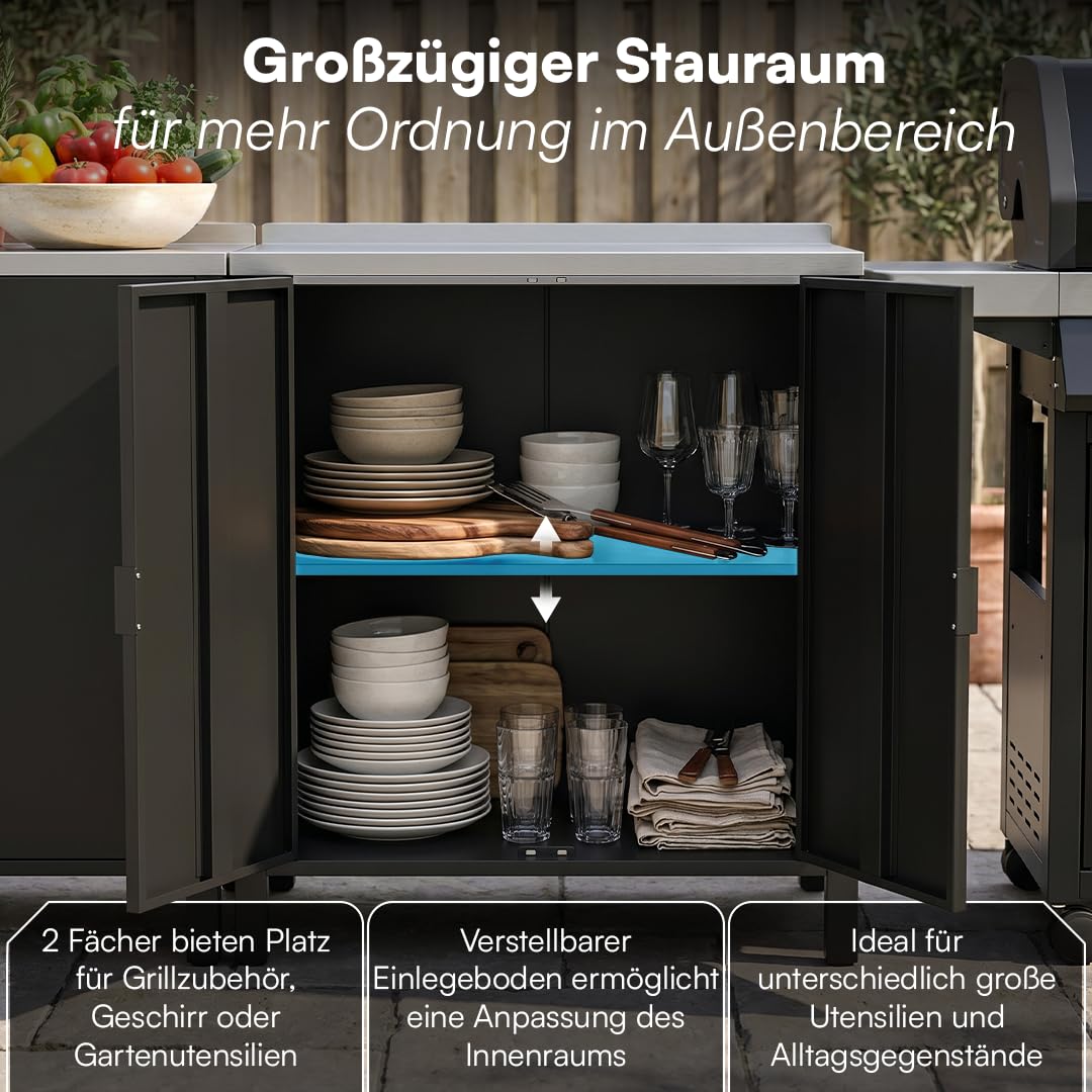 STEELSØN Zephios Gartenschrank 94,5x80x50 cm – Outdoor Küchenschrank mit Edelstahl Arbeitsplatte & 2 Fächern – stabile Kommode aus Metall – Terrassenschrank wetterfest Terrasse/Grillstation, schwarz