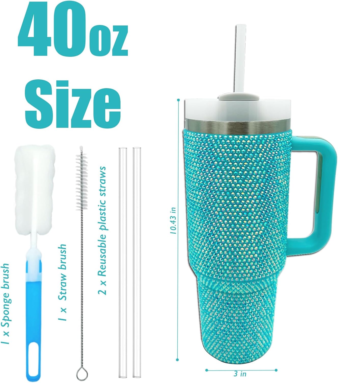40oz Bling Tumbler with Handle and Straw Lid Rhinestone Studded Tumbler Cups Vacuum Insulated Stainless Steel Double Wall Water Bottle Travel Mug Gifts for Women Her (Blue) - Image 2