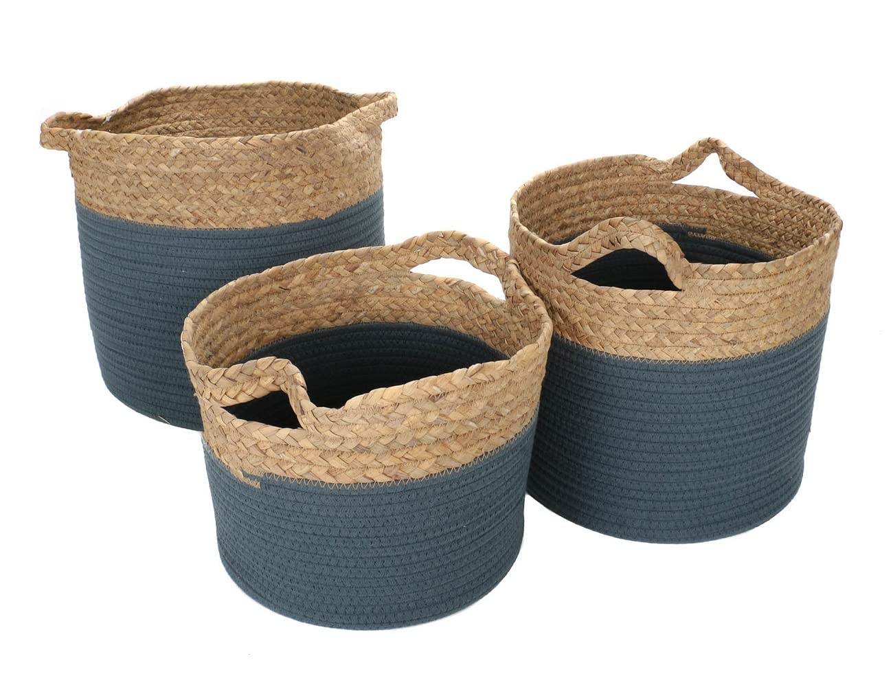 Aufbewahrungskörbe aus geflochtenem Seegras und farbigem Baumwoll-Seil, mit Tragegriffen, 3-er Set Körbe in verschiedenen Größen, (H) ca. 32, 26, 19 cm (Blau)
