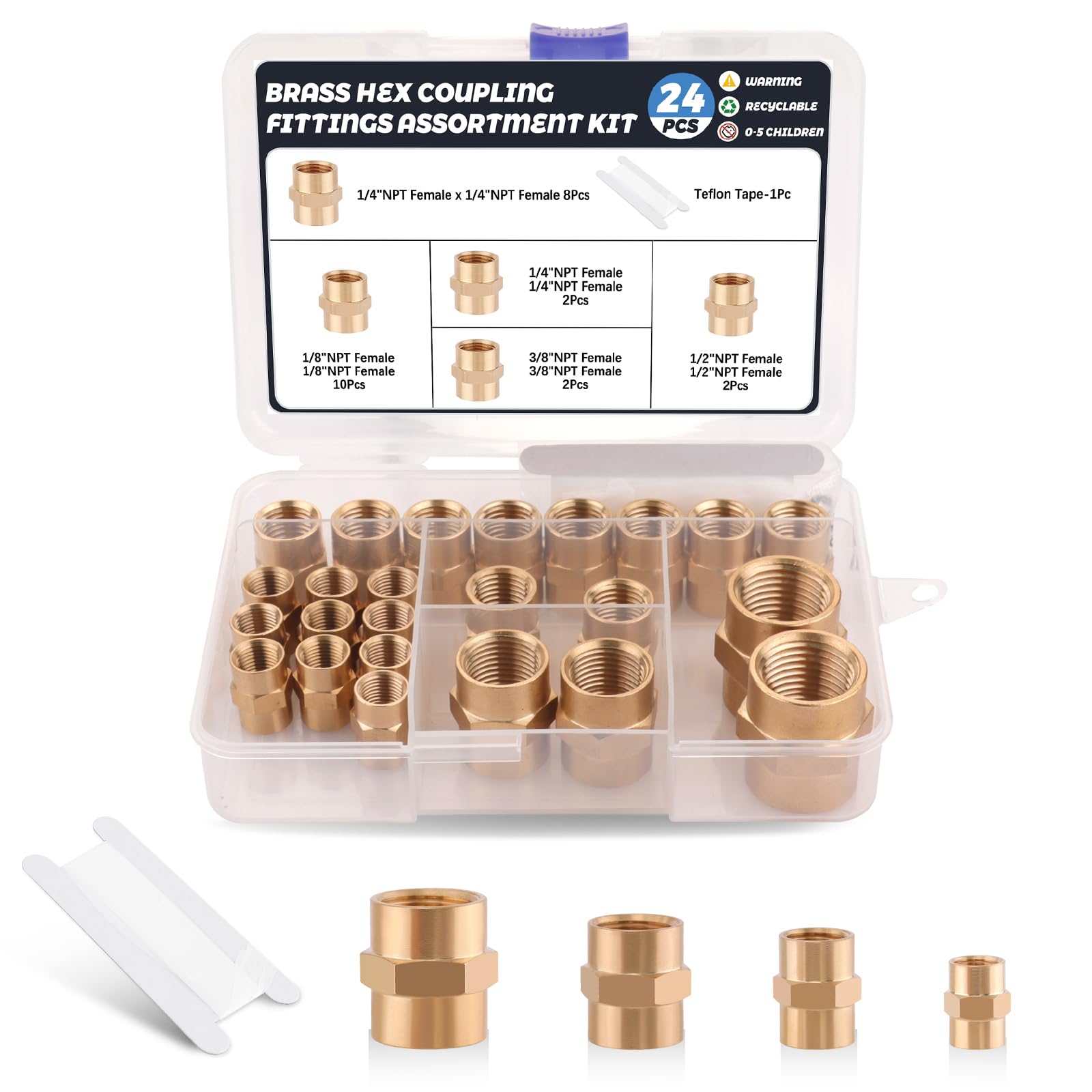 Ailbiuko 24Pcs Brass Pipe Fittings,1/8" x 1/8",1/4" x 1/4",3/8" x 3/8",1/2" x1/2" NPT Female Hex Coupling Hex Head Coupler Pipe Fitting