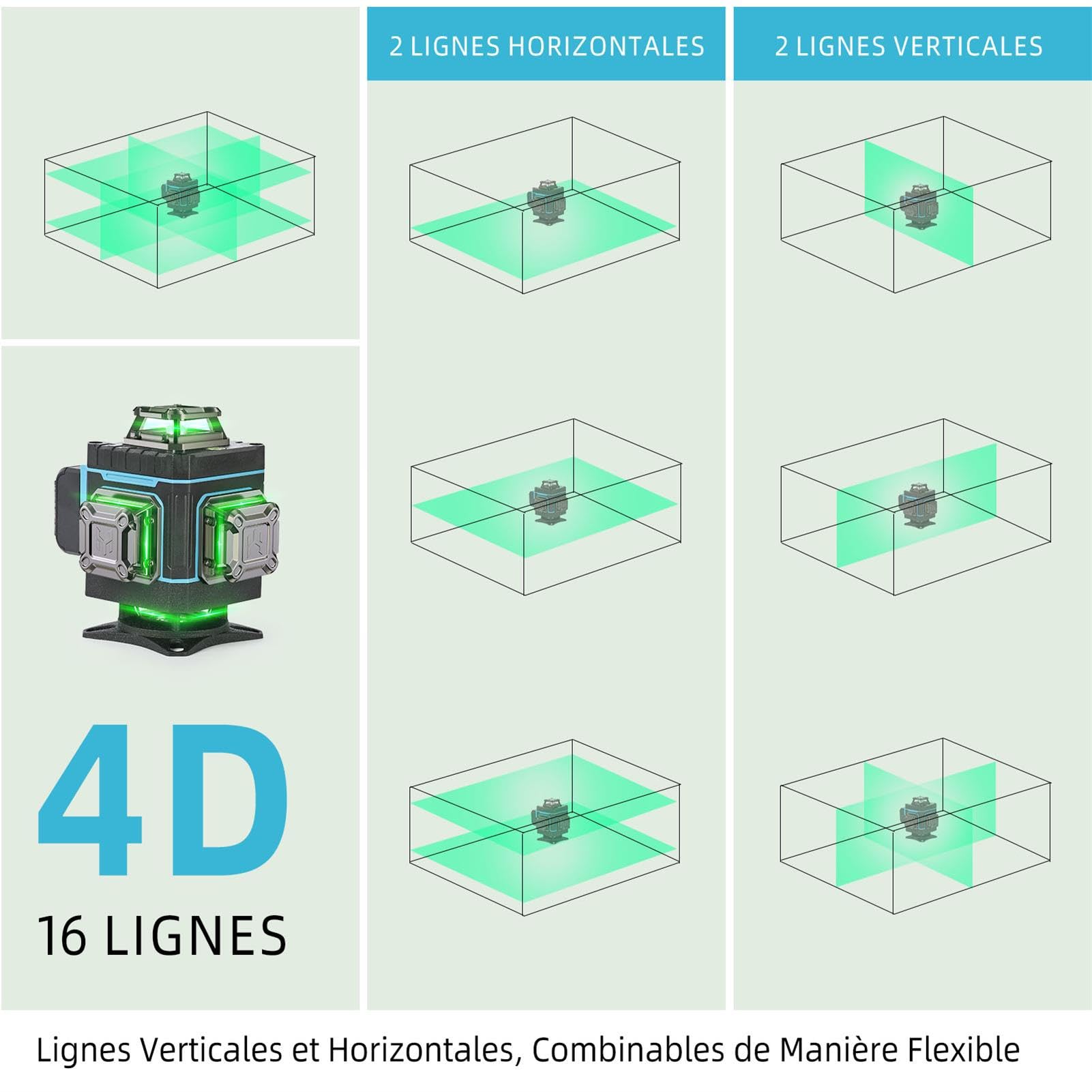 Niveau Laser avec Trepied, 4 x 360 ° Autonivelant Niveaux Laser Chantier 4D 16 Lignes Vert Laser Rotatif Professionnel Laser Level en Croix avec 1.5 M Trépied, Rechargeable Batterie 6000mAh