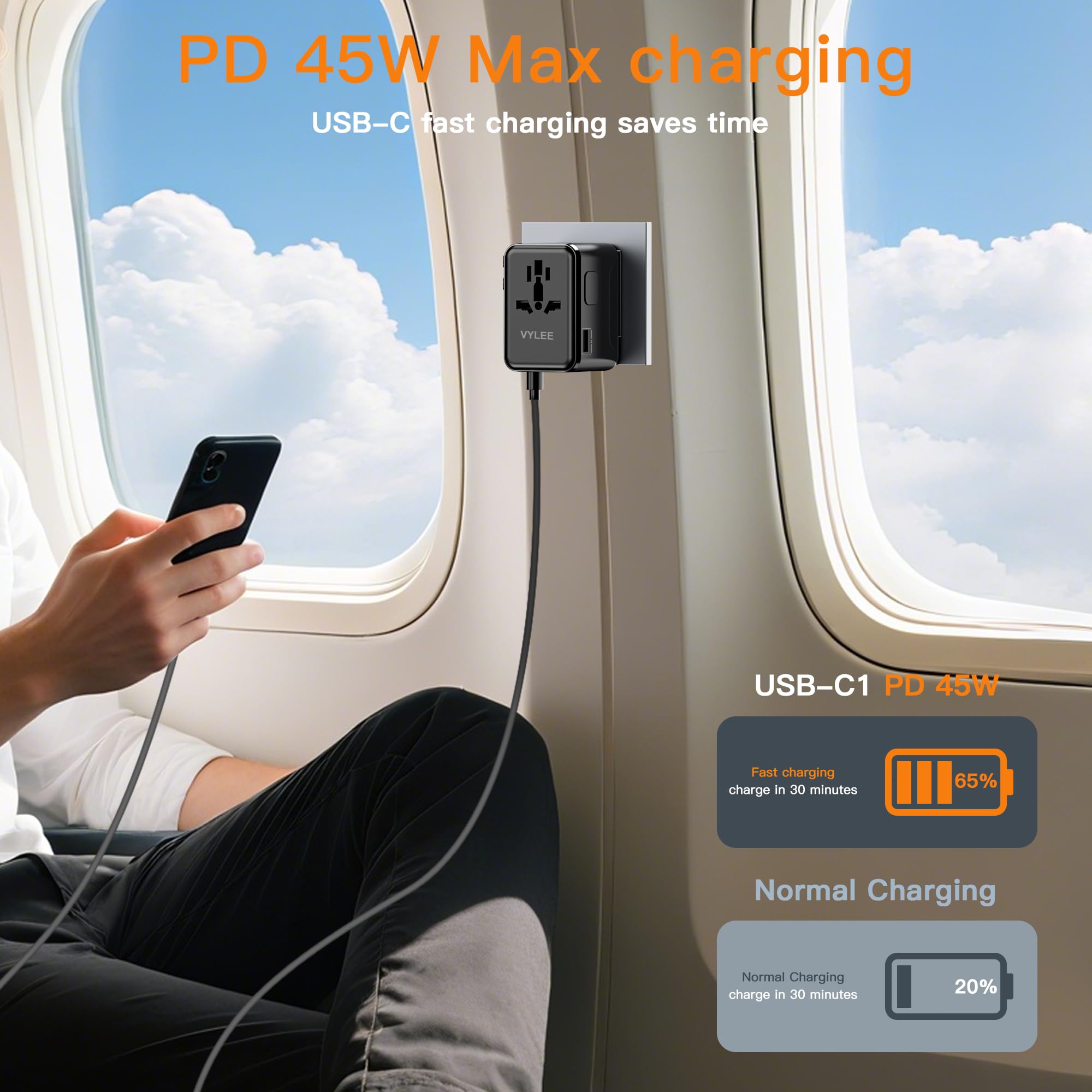 Universal Travel Adapter VYLEE 45W International Plug Adapter with PD Fast Charging 5-Port 1 AC 1 USB-A 3 — view 3