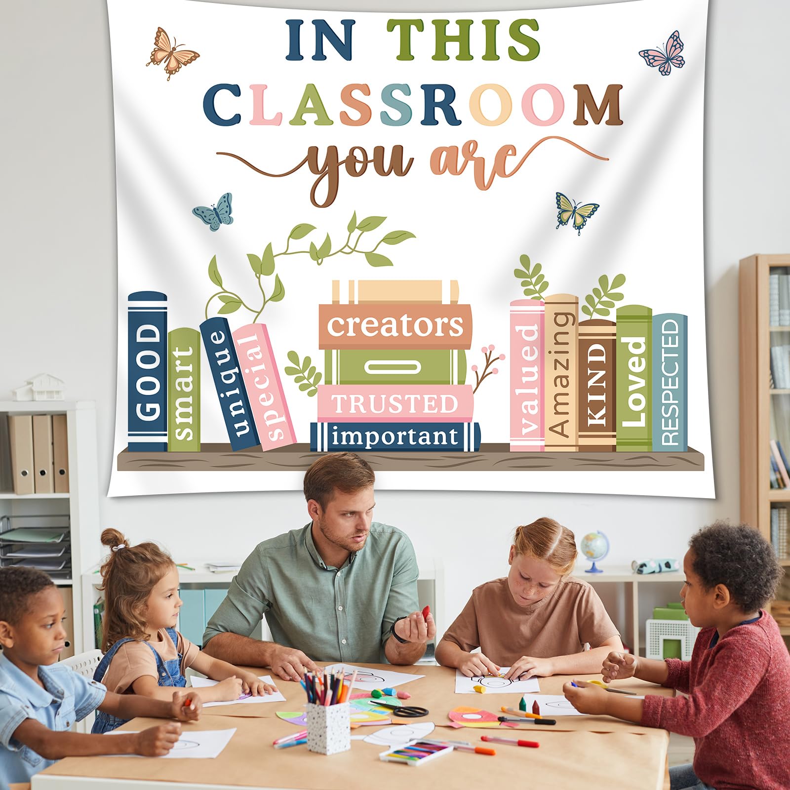QOUBAI Tapiz de bienvenida para el aula de regreso a clases, bohemio, motivacional, primer día de escuela, tablón de anuncios, decoración positiva de fondo para jardín de infantes, decoración de pared