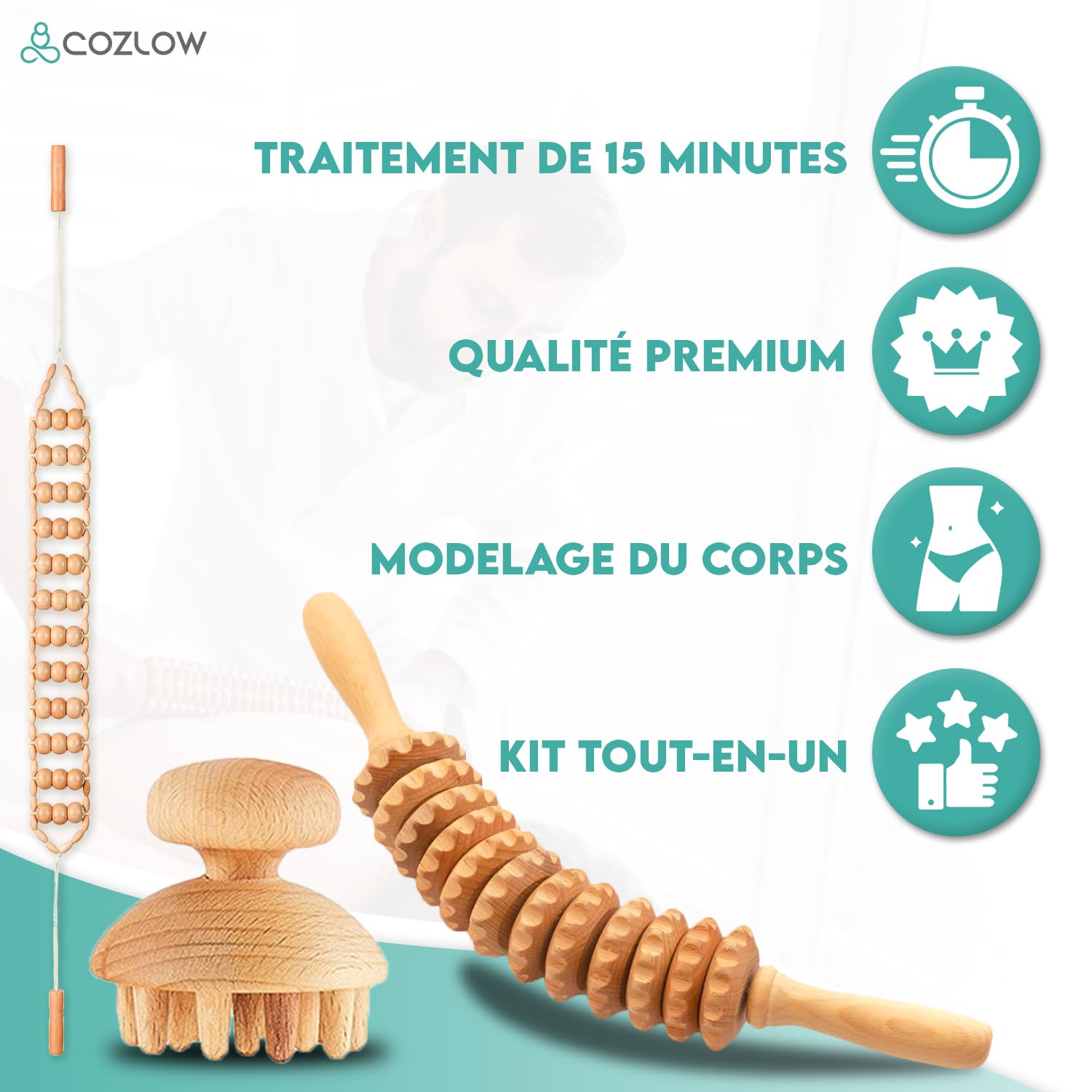 Outils de massage thérapeutique au bois 6 en 1 – Kit de maderoterapia professionnel pour la mise en forme et la sculpture du corps – Bâton de rouleau de massage pour drainage lymphatique – par Cozlow