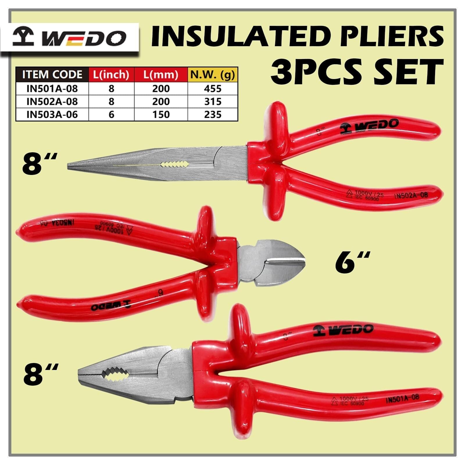 Juego de 3 alicates aislados: alicates de corte lateral de 6", alicates combinados de 8" y alicates de punta fina de acero al cromo-vanadio.(8"+8"+6")