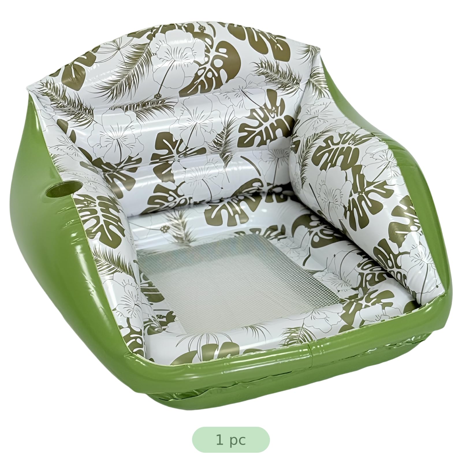 Aufblasbarer Pool-Liegestuhl mit Becherhalter, Wasser-Sofa-Float mit atmungsaktivem Netzsitz, Tropische Deko für warme Tage am Pool, See und Strand