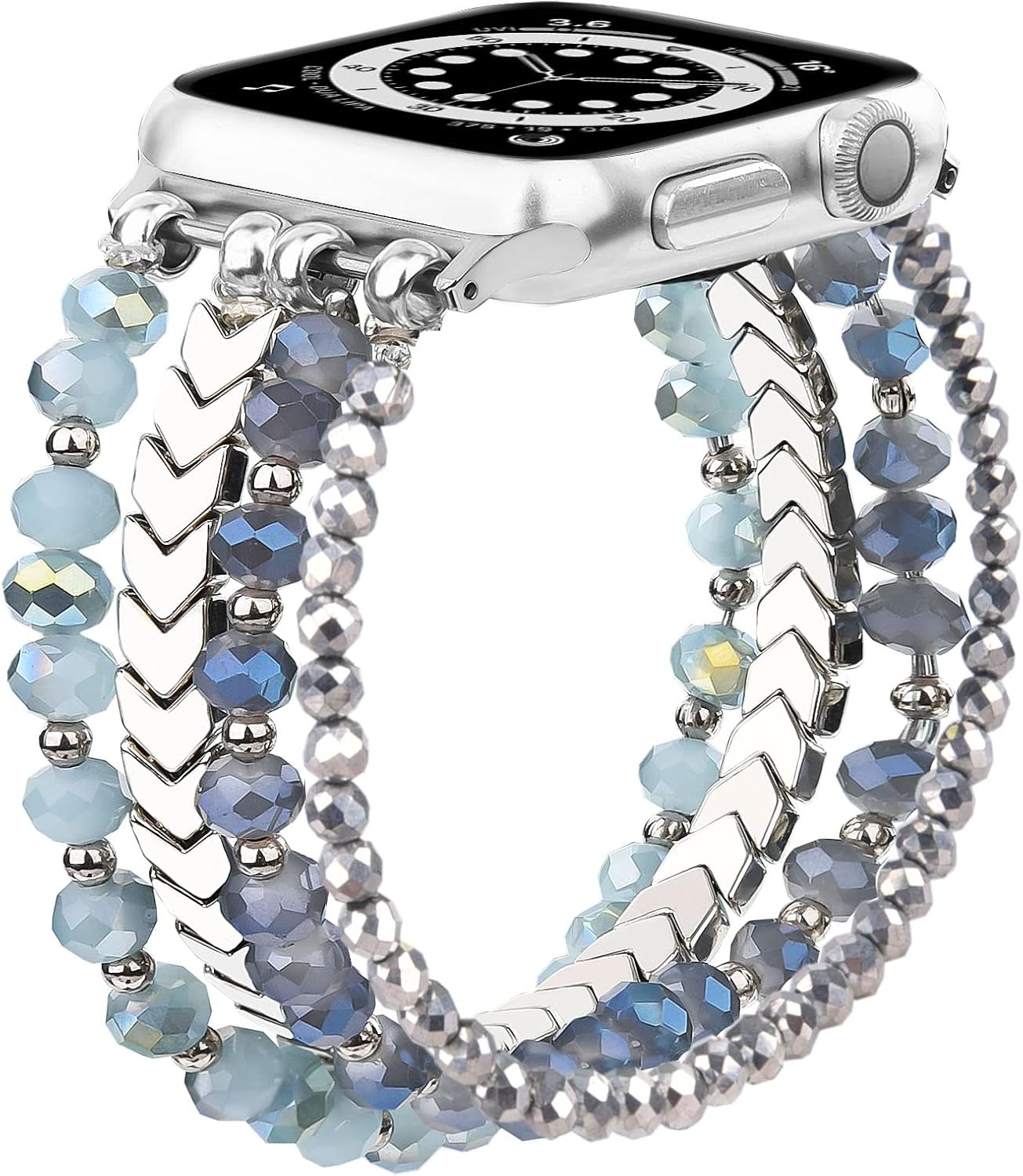 MOFREE Beaded Bracelet Compatible with Apple Watch Band 38mm/40mm/41mm/42mm, Fashion Elastic Stretch Women Bands for iWatch Series 11/10/9/8/7/SE/6/5/4/3/2/1 iPhone Watch Strap Bands (Blue/Silver) - Image 6