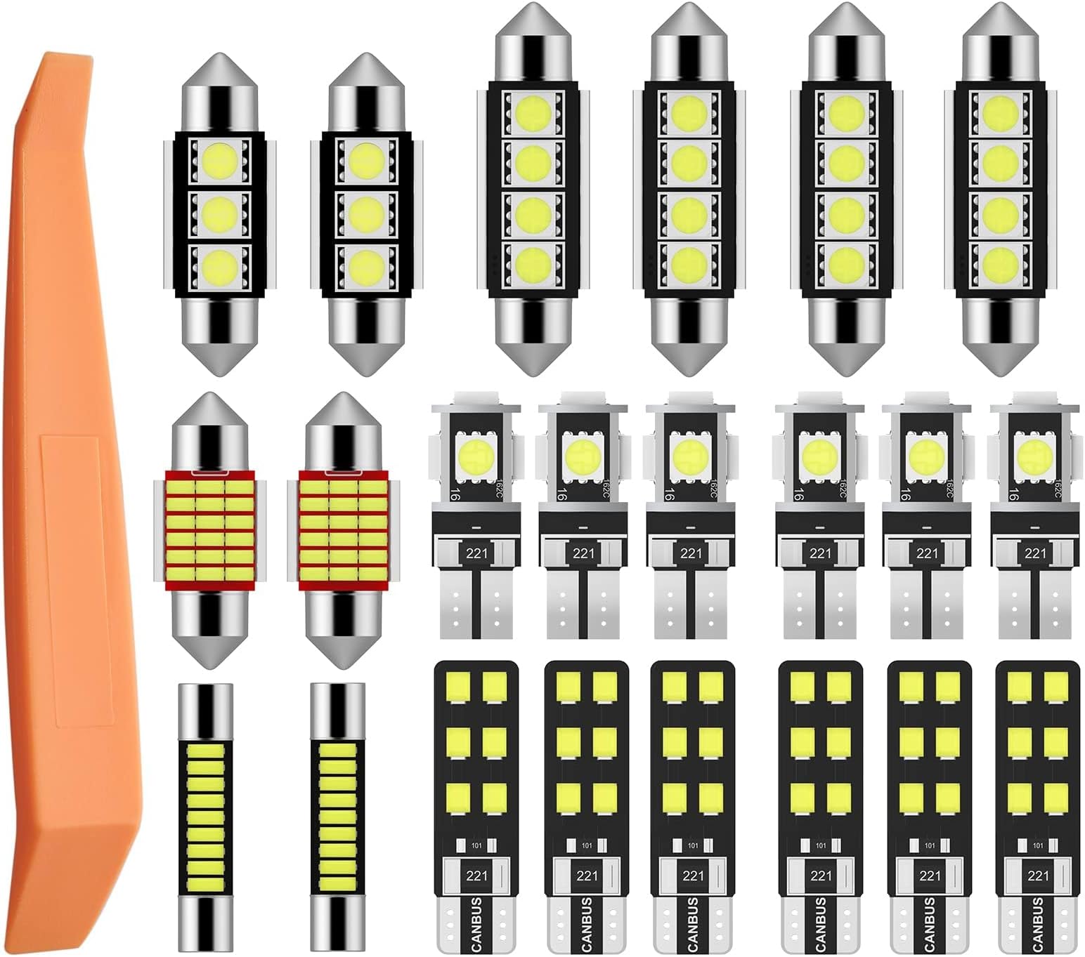 Justech 22PCs Can-bus Error Free LED SMD Bulbs Kit Set Spare Parts for Car Interior Dome Map Door Courtesy License Plate Lights Festoon C5W T10 168 194 2825 Xenon-White