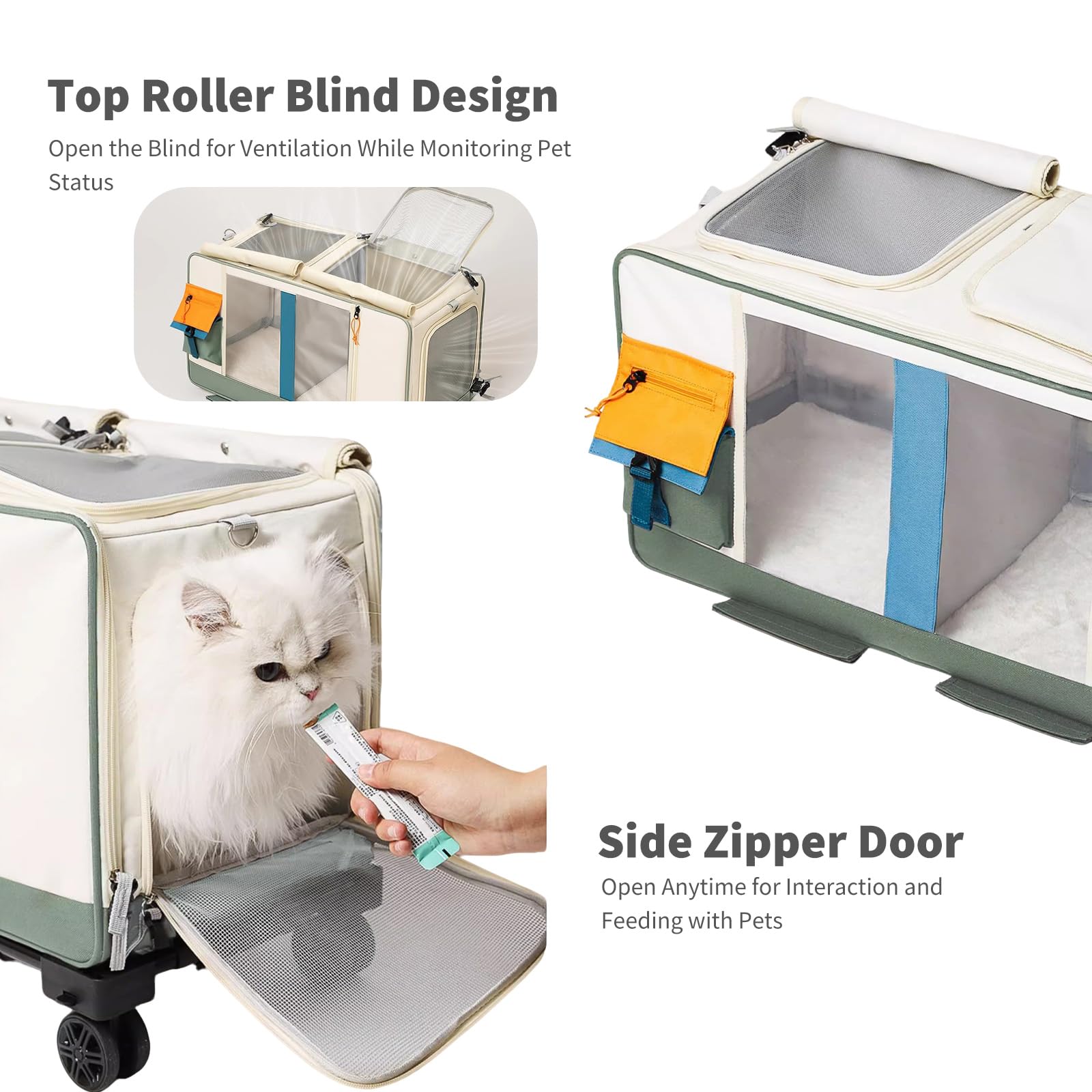 PETCUTE Transportín Doble para 2 Gatos con Ruedas,Transportador Rodante para Mascotas con Base Extraíble y Correas de Seguridad,Plegable Bolsa de Transporte para 2 Gatos Pequeños Perros Conejos