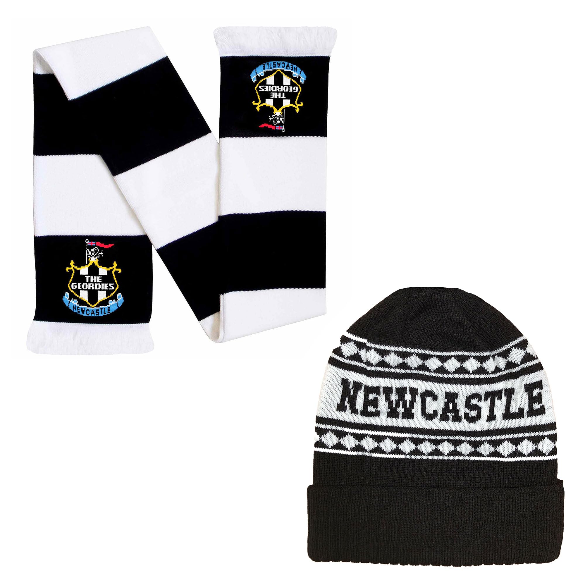 Beyond Happy Newcastle Black and White Ski Hat - Stylish Winter Beanie for Geordies - Ultimate Football Hat for Comfort and Warmth (UK, Alpha, One Size, Bronx Hat & Scarf Set)