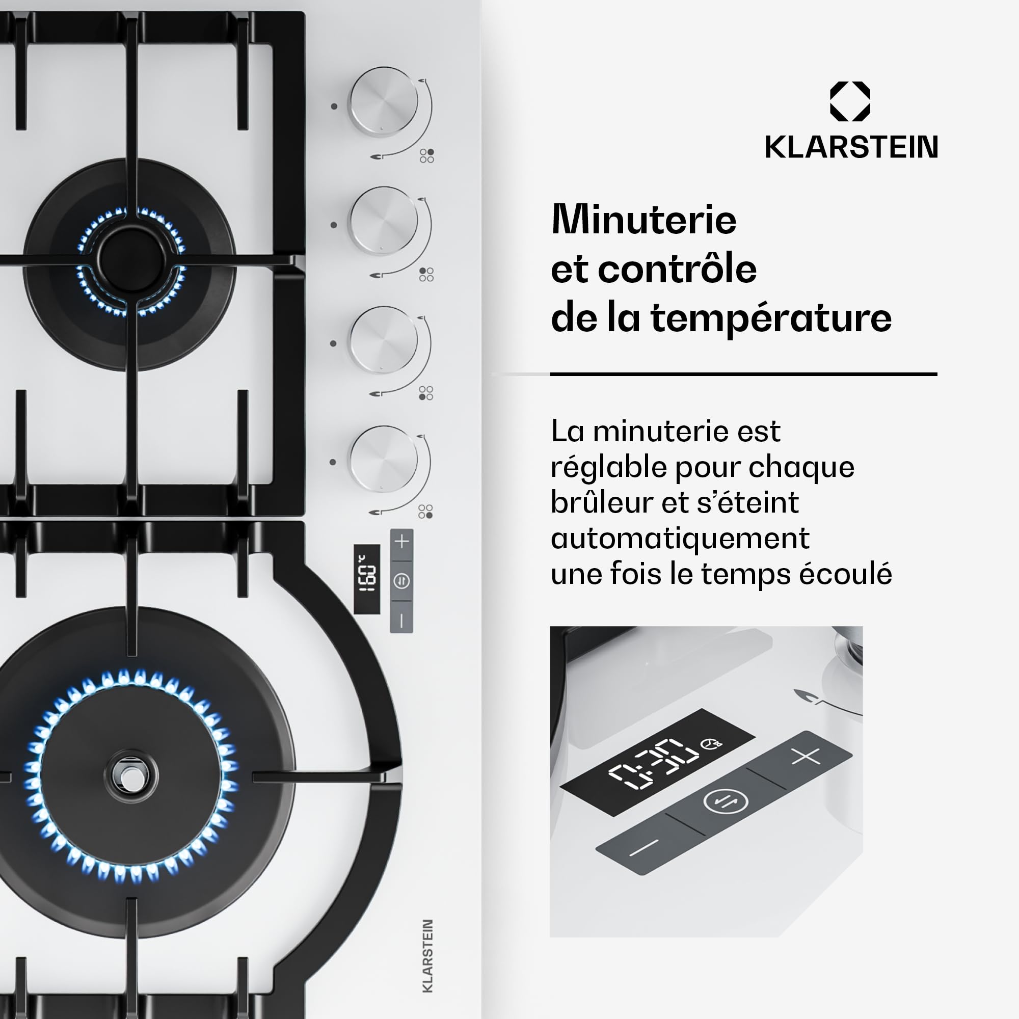 Klarstein Ignito Plaque de Cuisson Gaz, 4 Brûleurs Aluminium, 8000W, Minuterie, Sécurité Flamme, Fonte, Allumage Électrique, 60x51cm, Plaque Gaz GPL & Naturel, Blanc