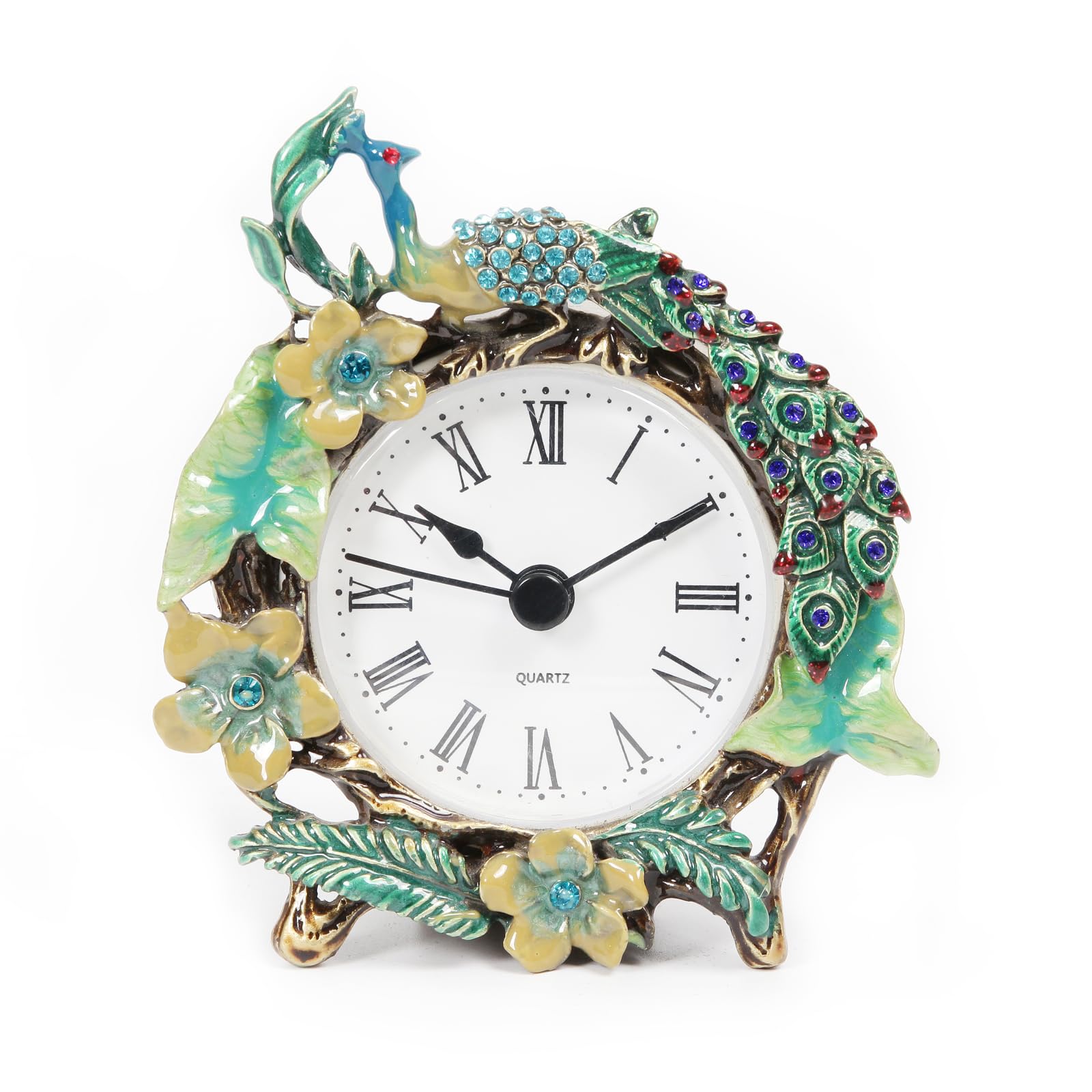 bordorsse Vintage Floral Mini Tabletop Clock, Battery Operated Metal Clock for bedside table, Living Room, Office