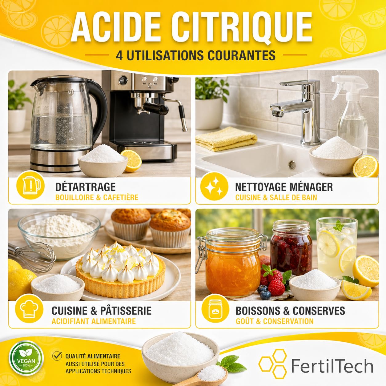 FertilTech Acide Citrique Monohydraté 1.5 kg E330 Qualité Alimentaire 100% Pur Pour Usages Alimentaires Cuisine et Pâtisserie Convient Aussi au Nettoyage Naturel Vegan