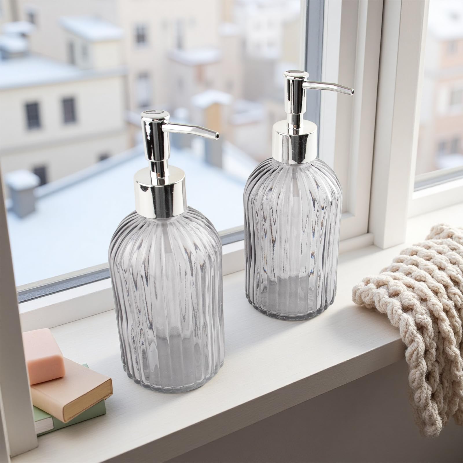 Confezione da 3 dispenser di sapone in vetro con pompa antiruggine, dispenser di sapone liquido ricaricabile da 400 ml, per bagno e cucina