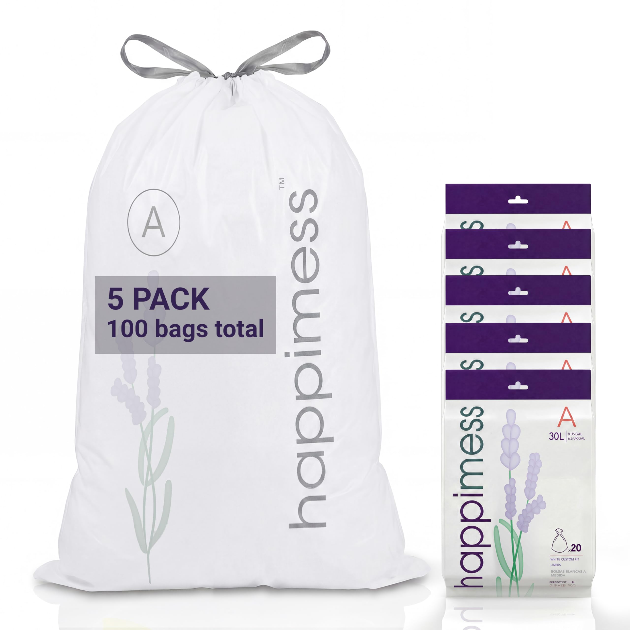 happimess White (Lavender Scented) / 100 Count (Pack of 1) / 8.0 gallons Trash Bags