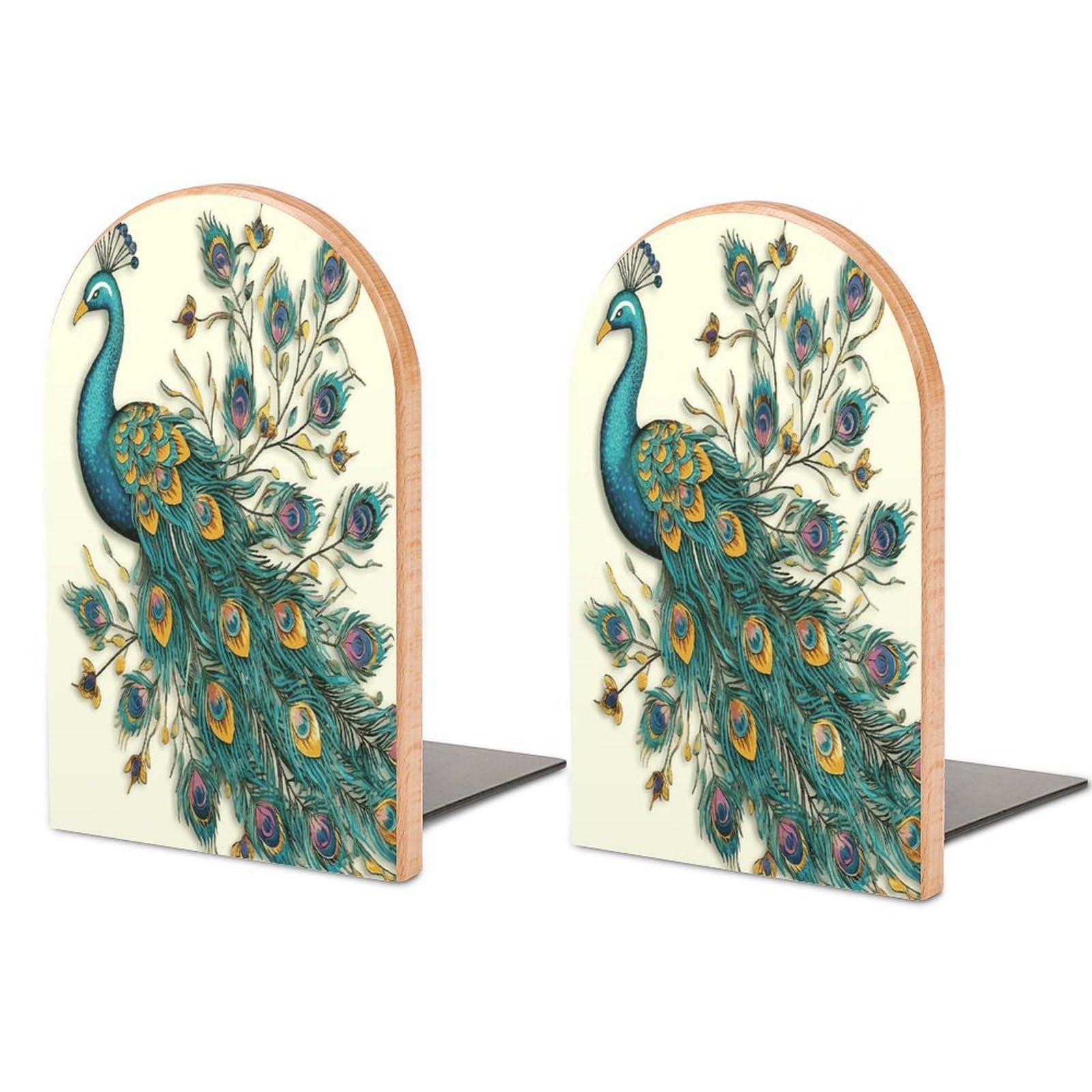 Peacock Pattern Bookend for Shelves Non-Skid Book Holder Modern Heavy Duty Bookend Stopper Metal Base Wood Book End Books Shelf Holder Home Decorative 1pair 5x3.9x3.1