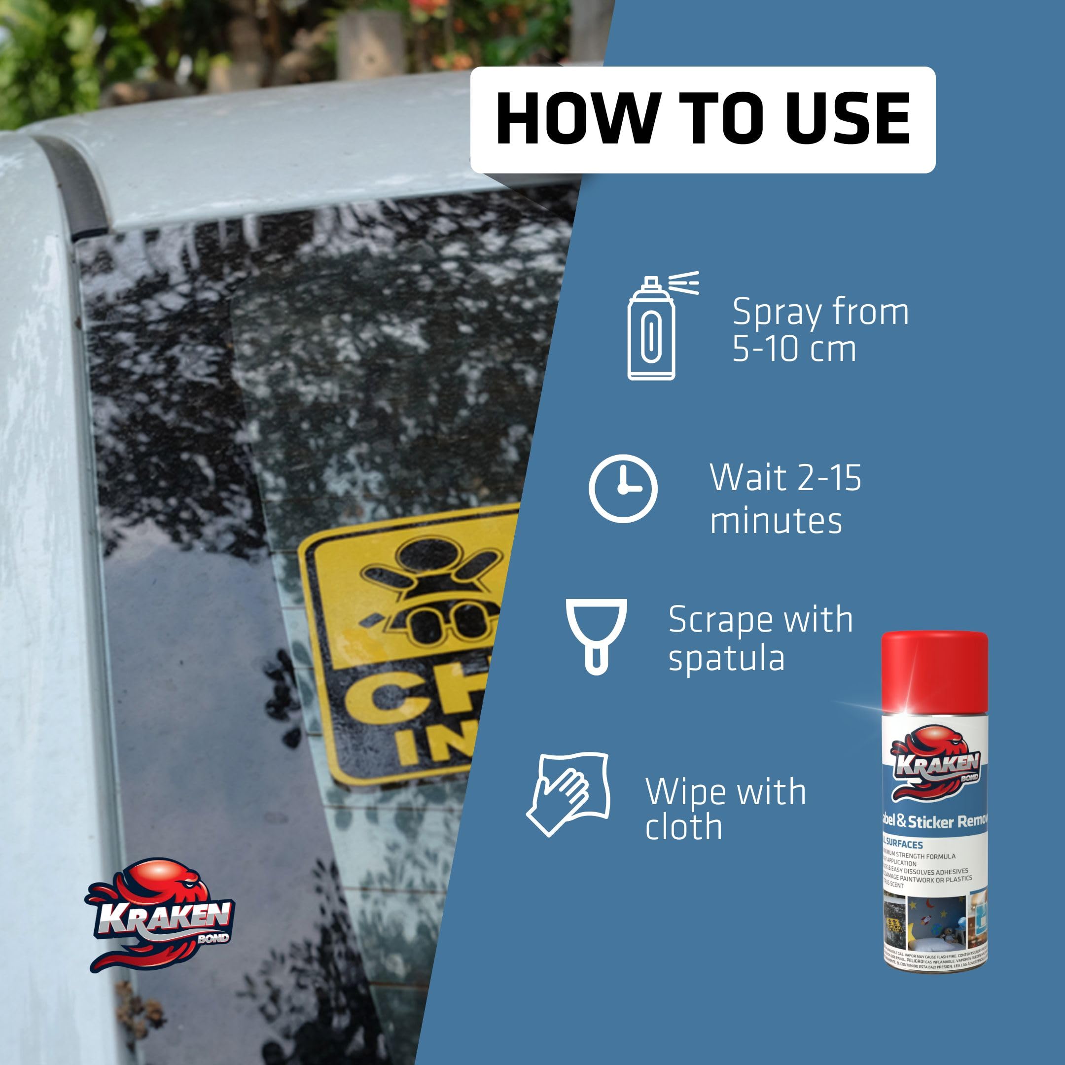KRAKEN BOND Label & Sticker Remover Spray - (2x6.7oz) Quick-Dissolve Adhesive Remover Spray with Citrus Scent, Removes Tar, Tape & Bumper Stickers on Multiple Surfaces, No Damage to Paint, 2 Pack