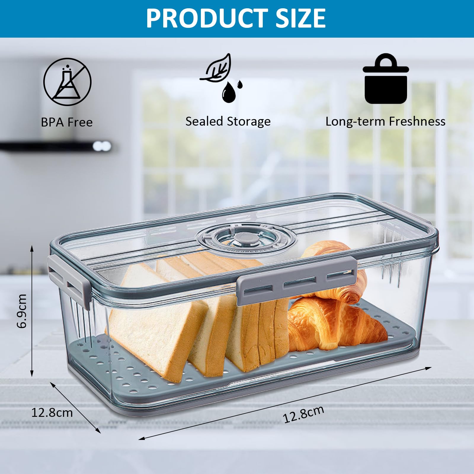 Contenitore per Pane Ermetico, Scatola Cestino del Pane, Portapane con Coperchio,Contenitori per Alimenti Ermetica con Quadrante di Registrazione del Tempo, 33.5x16.5x18.2CM, Per Frutta Verdura