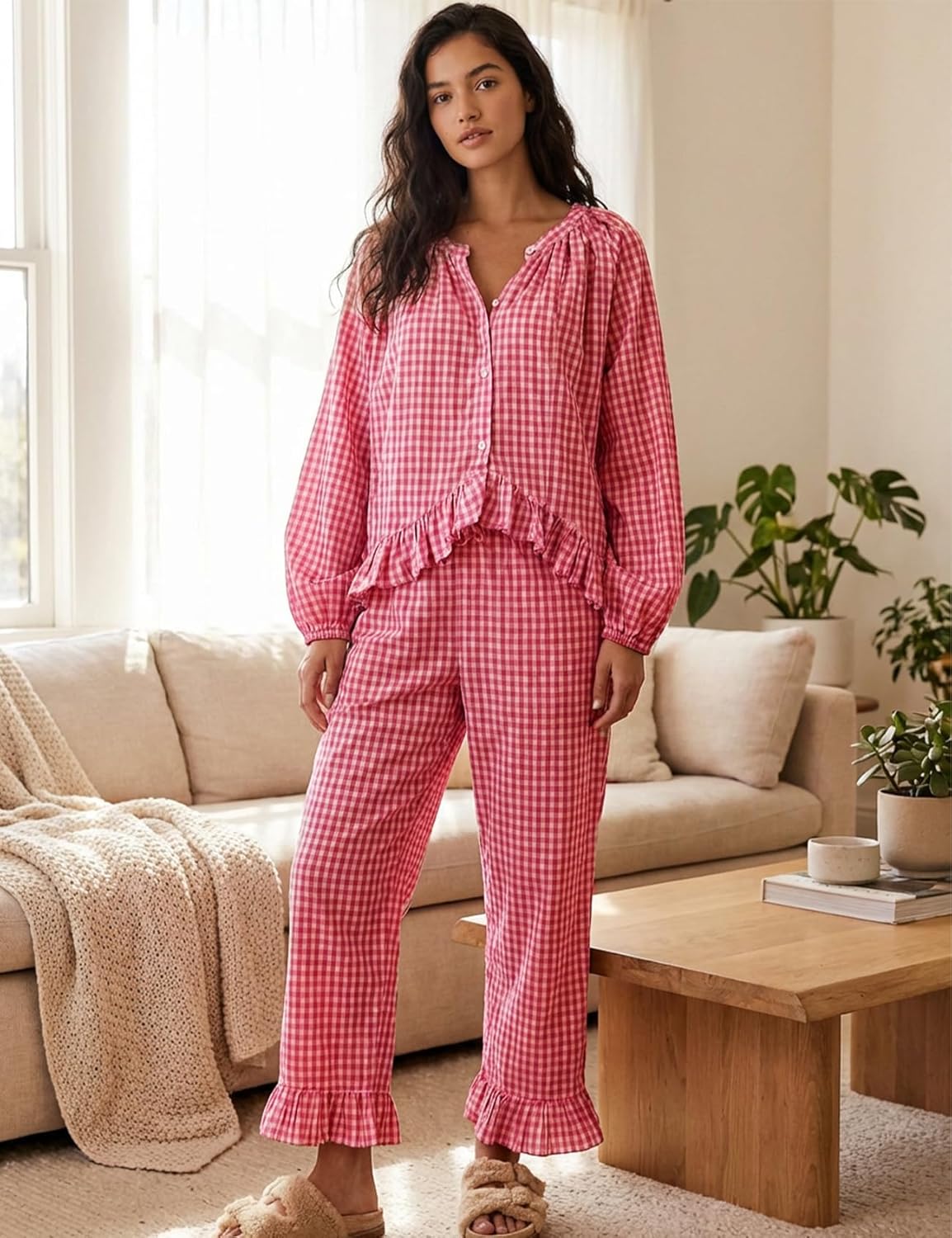 Gihuo Womens Gingham Pajama Sets Plaid Cotton Pjs Ruffle Babydoll Shirt and Pants 2 Piece Lounge Set - Image 2