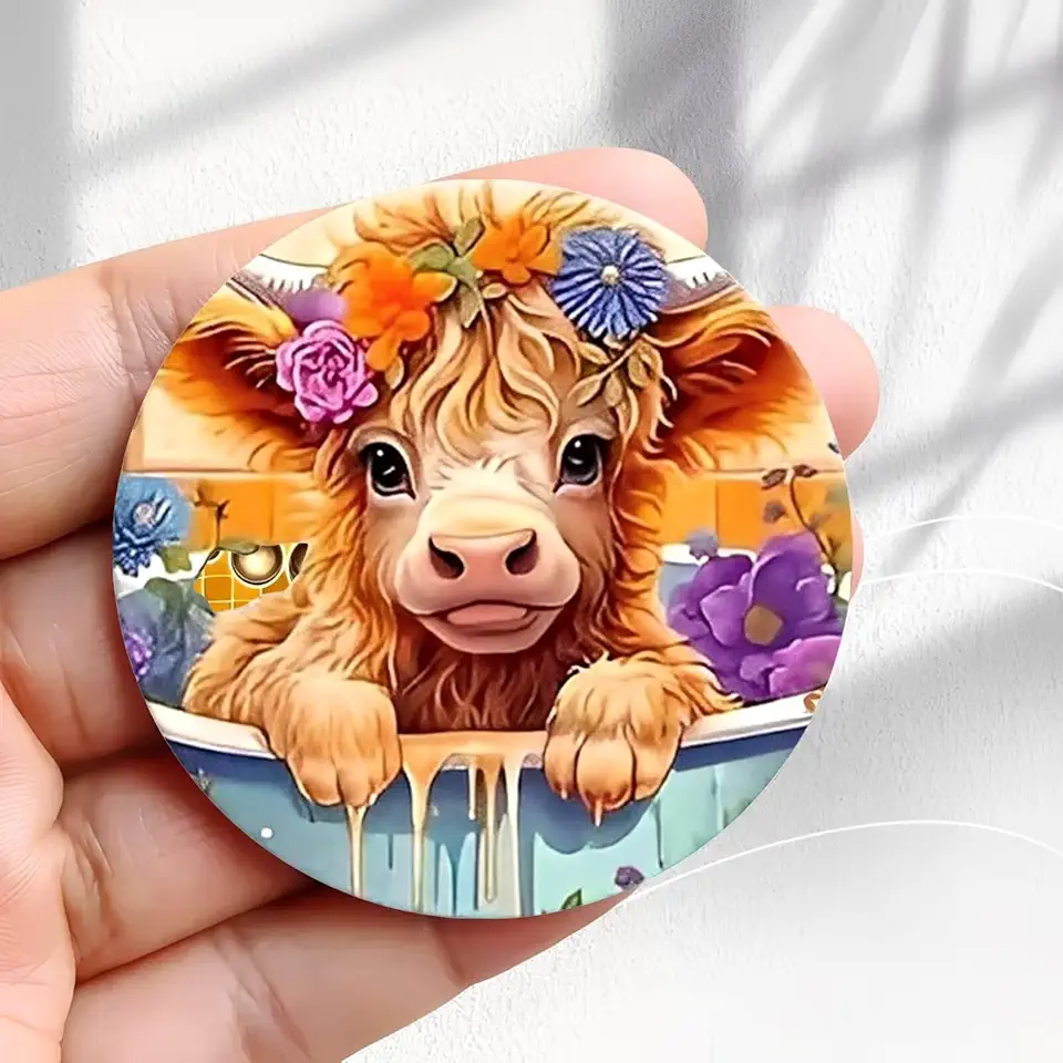 Ímã de geladeira vintage bezerro na banheira com design de flores - adesivo redondo acrílico de geladeira de 5,8 cm presente de decoração retrô tamanho perfeito para geladeira, armário ou qualquer