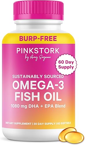 Pink Stork Suplementos de aceite de pescado Omega 3 para mujeres con DHA y EPA - Suplemento omega-3 sin eructos de alta potencia para la salud
