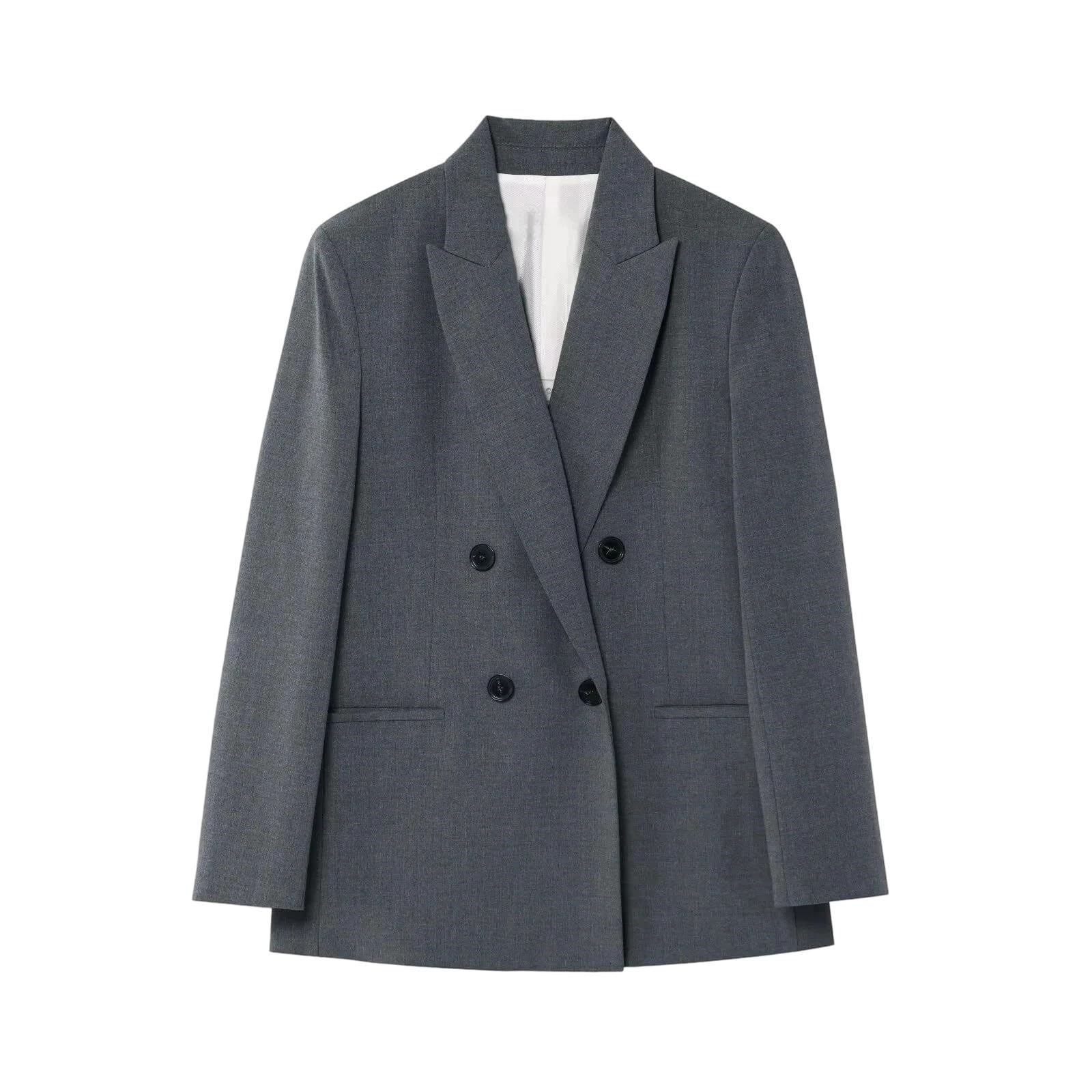 Womens Double Breasted Blazer Jacket with Shoulder Pads Long Sleeve Loose Fit Versatile Suit Coat