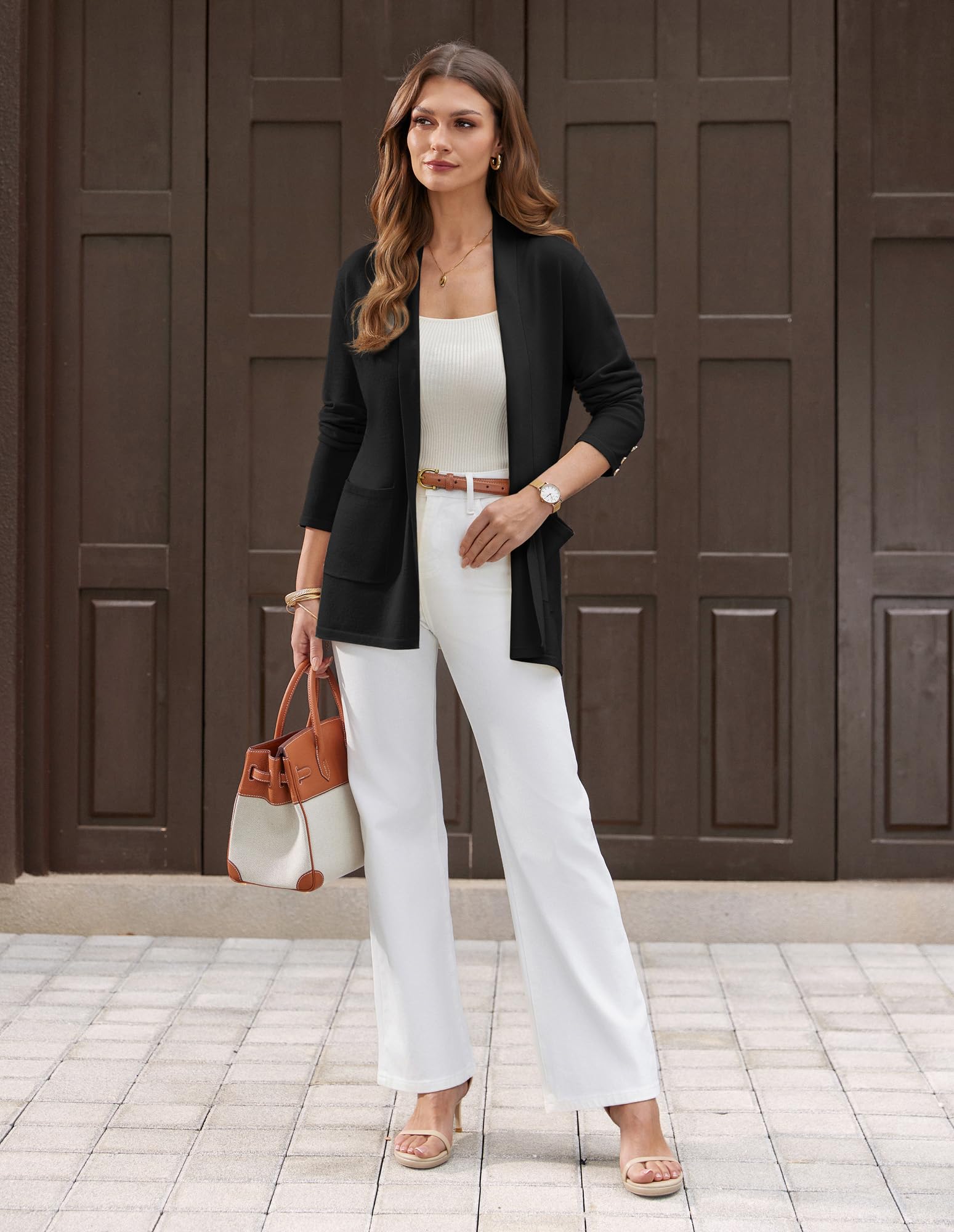 GRACE KARIN Cardigan léger d'été élégant à revers de couleur unie ouvert sur le devant et manches longues pour femme