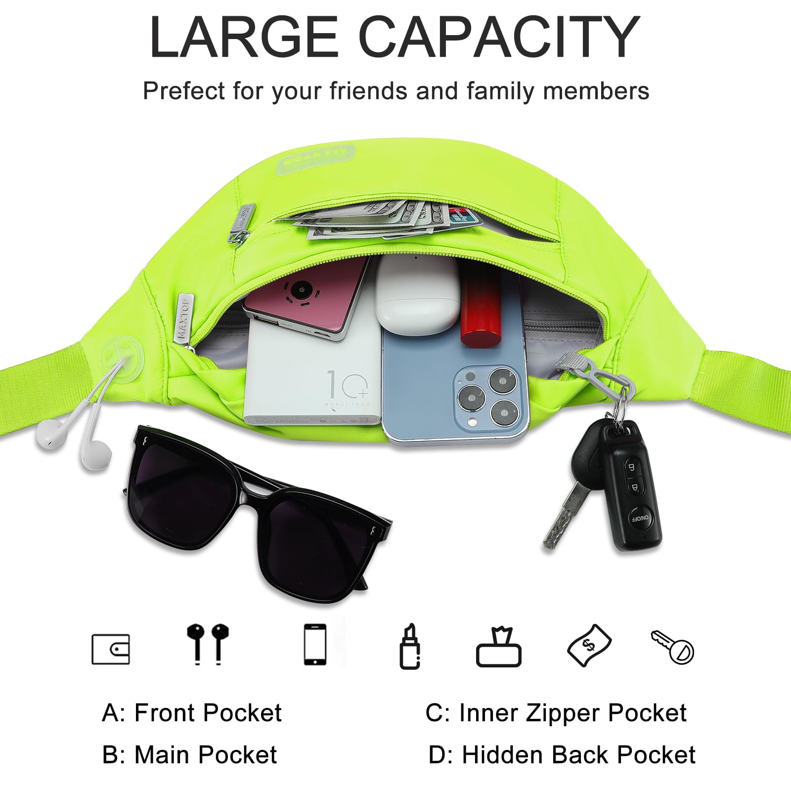 MAXTOP Marsupio grande per donna e uomo, marsupio con attacco per cuffie e 4 tasche con zip, cintura regolabile per ciclismo, corsa, jogging, viaggio, outdoor, allenamento