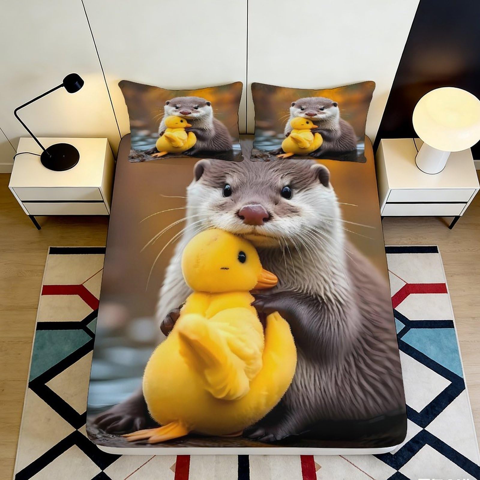 3D Printed Otter Duck Fitted Sheet Microfiber Soft Anti-Slip Mattress Cover Bedroom Dorm Decor Easy Care 200x200x25cm