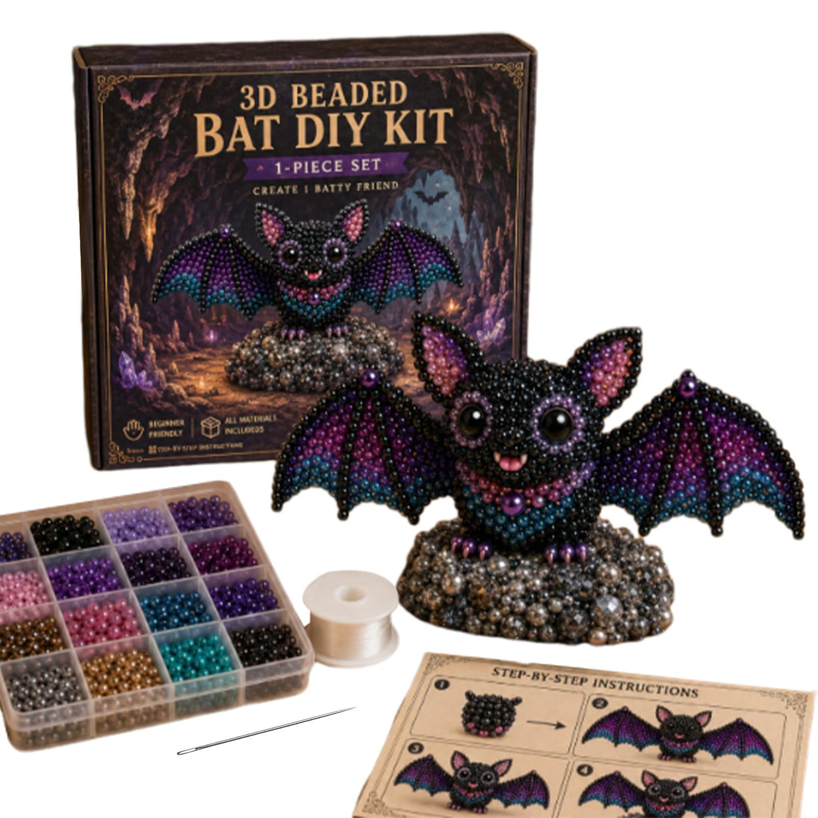 Hamosky 3D Beaded Animal DIY Kit, Handmade 3D Beadwork Art Craft Set, DIY Animals Beadwork Craft Kits,Beginner Friendly Craft Kit with Step-by-Step Instructions for Teenss (Bat DIY Kit)