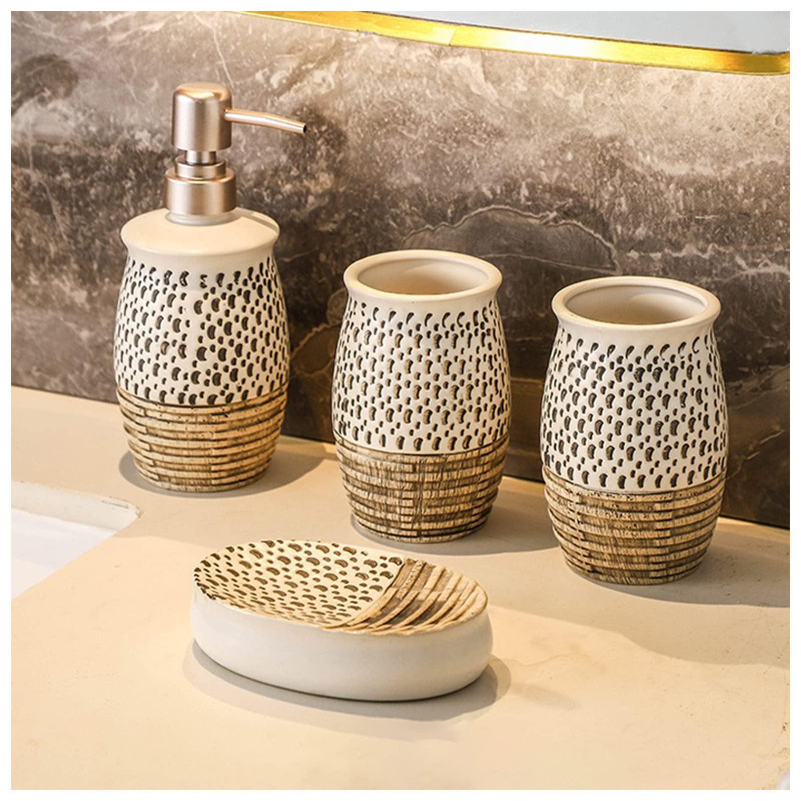 Juegos de Accesorios de baño, Antiguo Acesorios Cuartos de Baño 5 Piezas con Dispensador Jabon Baño, Jabonera Baño, Porta Cepillo de Dientes, Bandeja, para Champú Cerámica Marrón