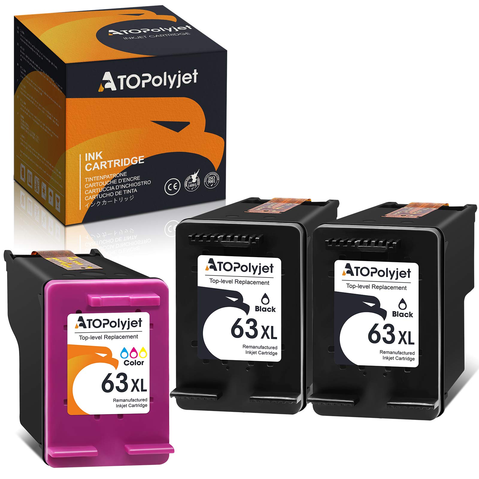 ATOPolyjet Remanufactured Ink Cartridge Replacement for HP 63 XL 63XL (2 Black 1 Tri-Color) for OfficeJet 3830 5255 5258 3833 5252 4650 Envy 4520 4512 4513 DeskJet 3630 1112 3632 3634 3636 Printer