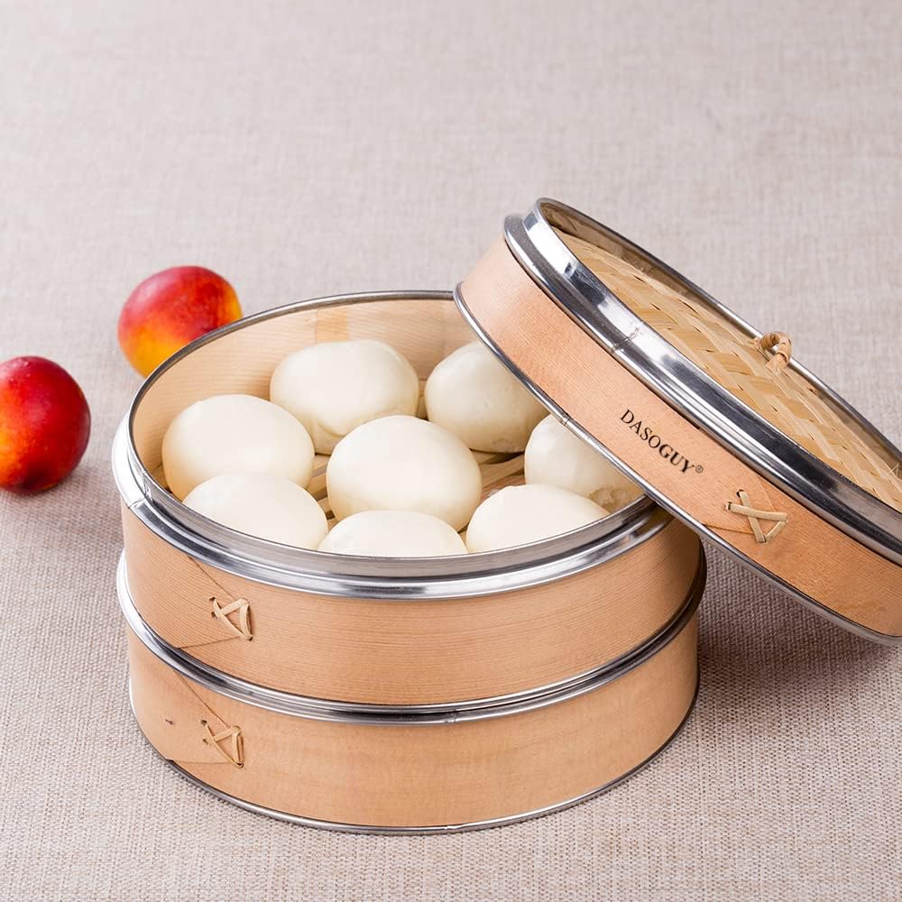 8.2 Inch Handmade Wood Steamer with Whole Metal Rings, 3 Tiers Steam Basket for Dumpling Dim Sum Bun Rice Chinese Food, Includes 1 Set of Chopsticks & 3 Cotton Liners