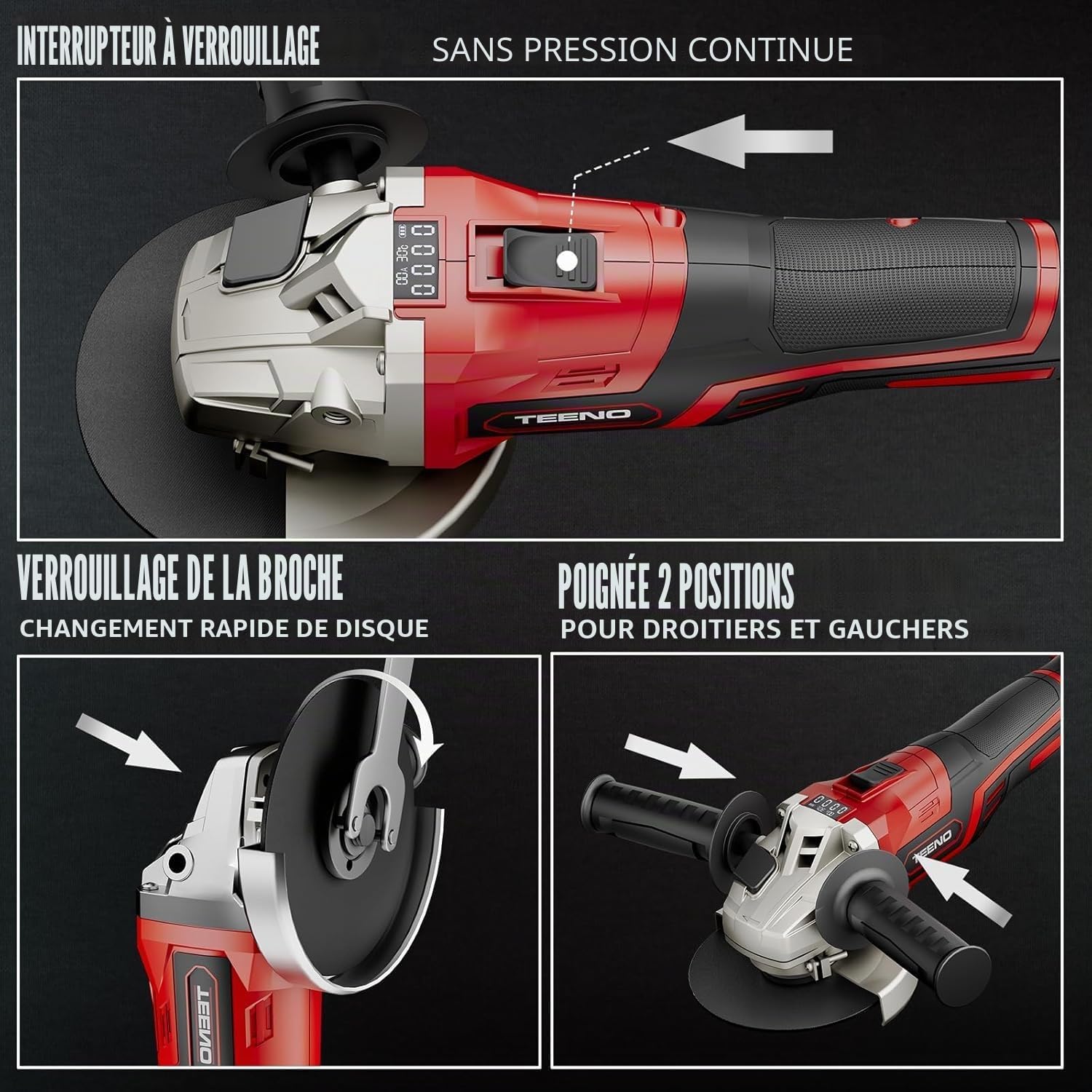 TEENO Meuleuse d'angle sans fil 21 V 1 000 W丨Ø 125 mm丨9100 tr/min