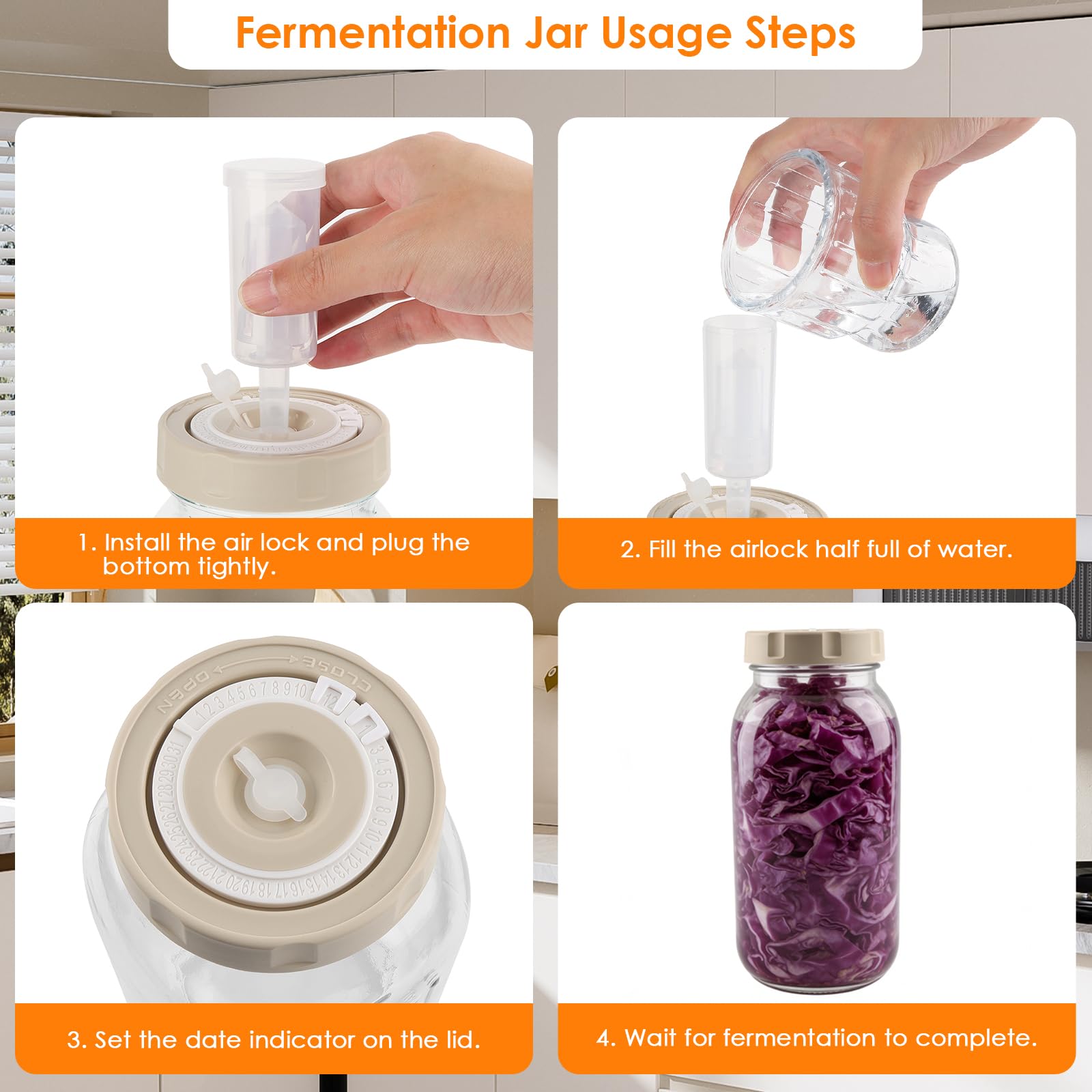 2 tarros de fermentación de 2 litros con indicador de fecha y cierre hermético - Perfecto para chucrut, kimchi, kombucha (paquete de 2)