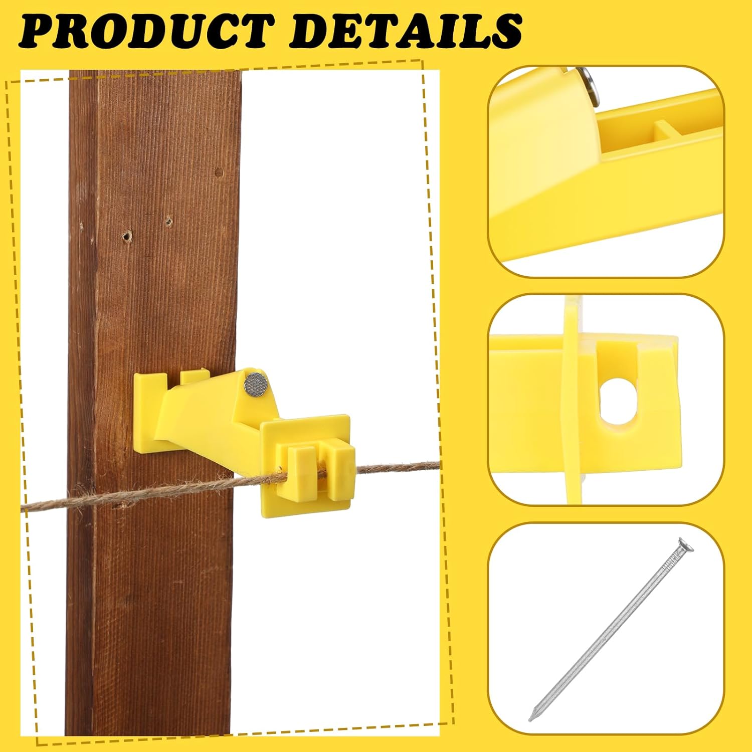 Tandefio 50 Pcs Electric Fence Insulator 5 Inch Slant Nail Wood Post T Post Yellow Nail on Insulator for Pet Animal Fence Heavy- Duty Fencing Wire (Yellow)